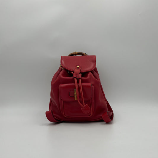 Gucci Red Leather Bamboo Top Handle Drawstring Mini Backpack