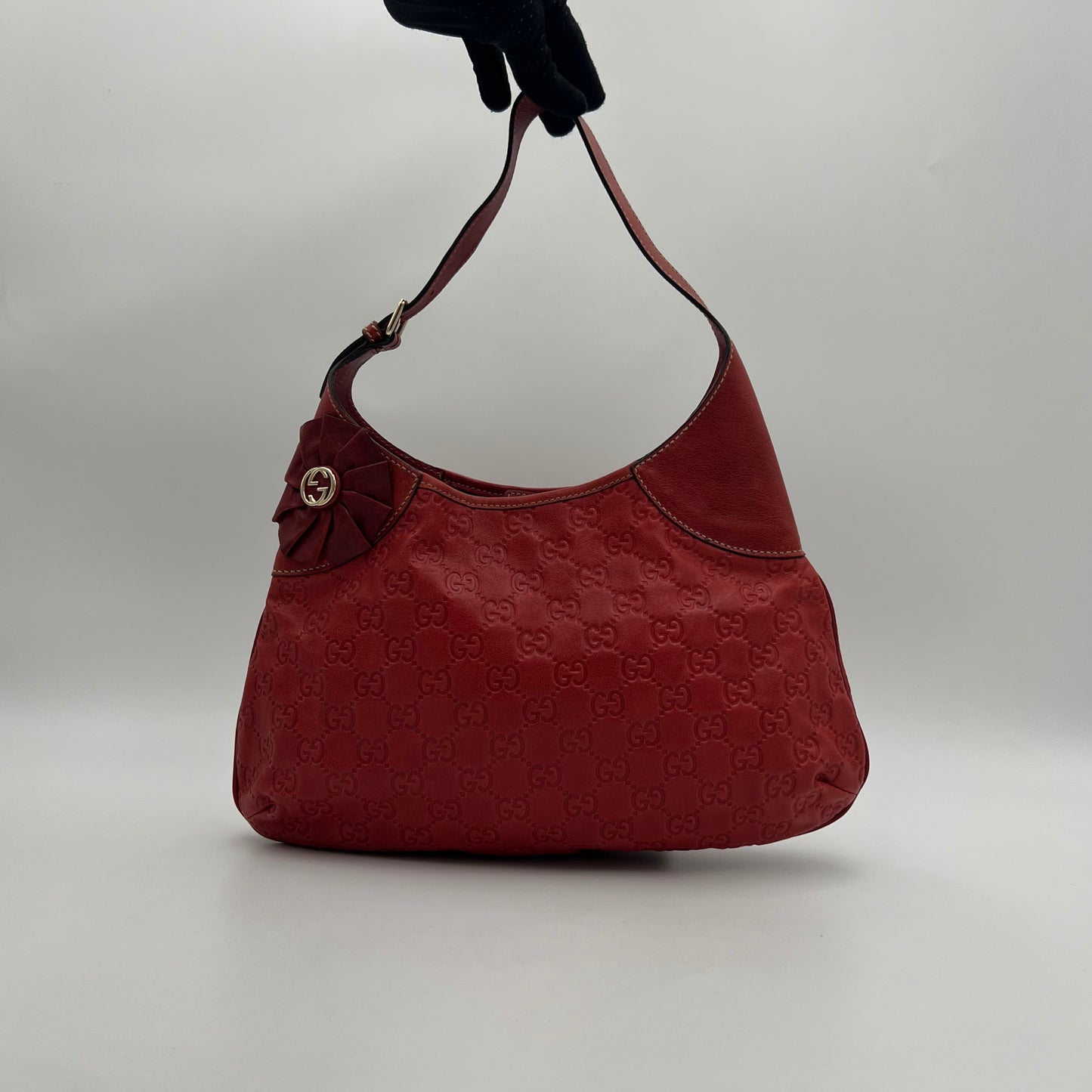 Gucci Red Guccissima Leather GG Flower Hobo Bag