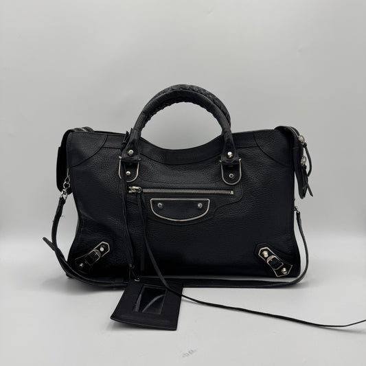 Balenciaga Black Leather Metallic Edge City SHW