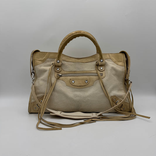 Balenciaga Beige Leather Blanco Pony Hair Swarovski Crystal City Bag