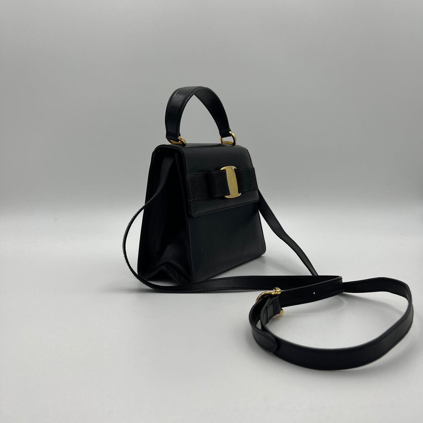 Salvatore Ferragamo Black Leather Gancini Top Handle