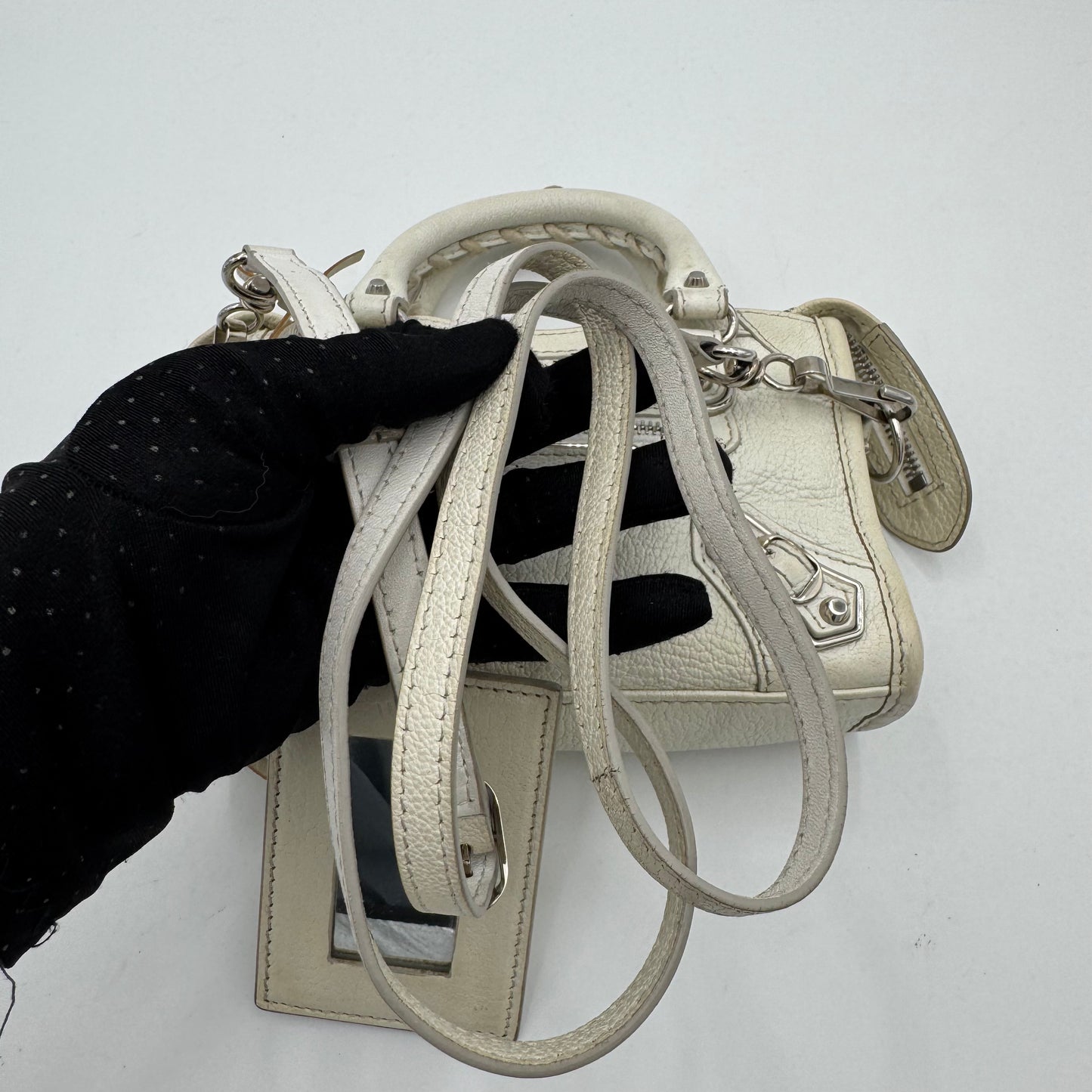Balenciaga White Leather Metallic Edge Nano City