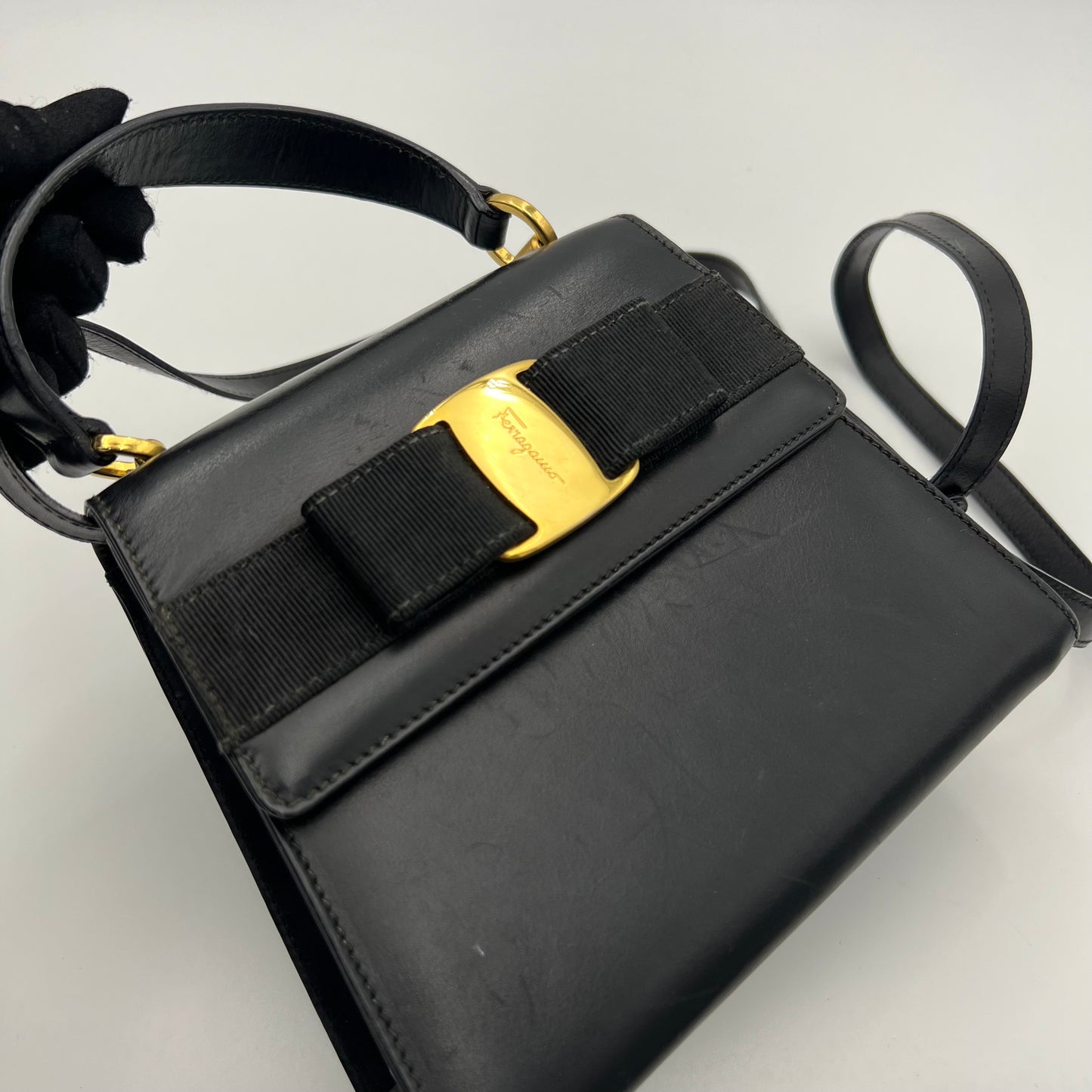 Salvatore Ferragamo Black Leather Gancini Top Handle