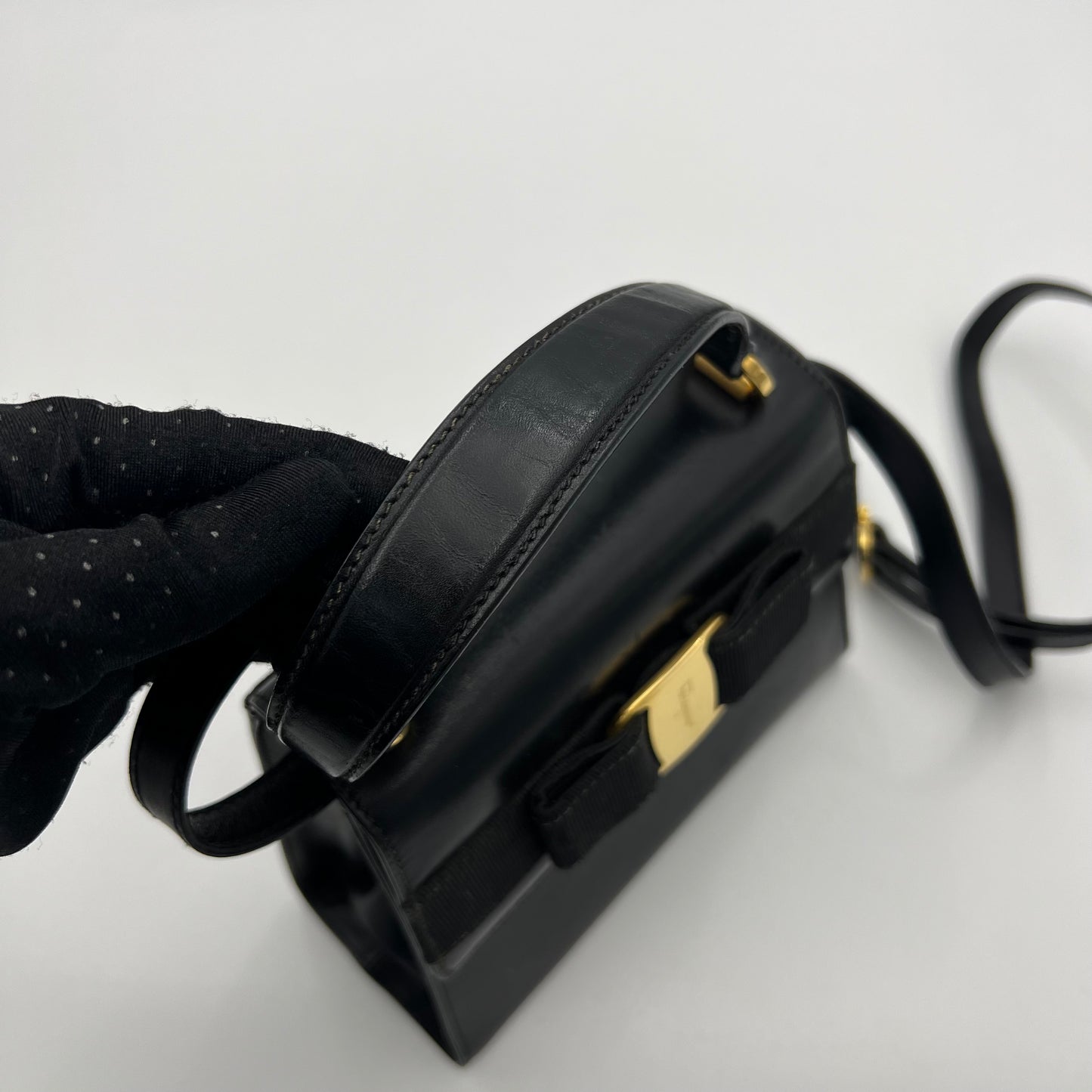 Salvatore Ferragamo Black Leather Gancini Top Handle