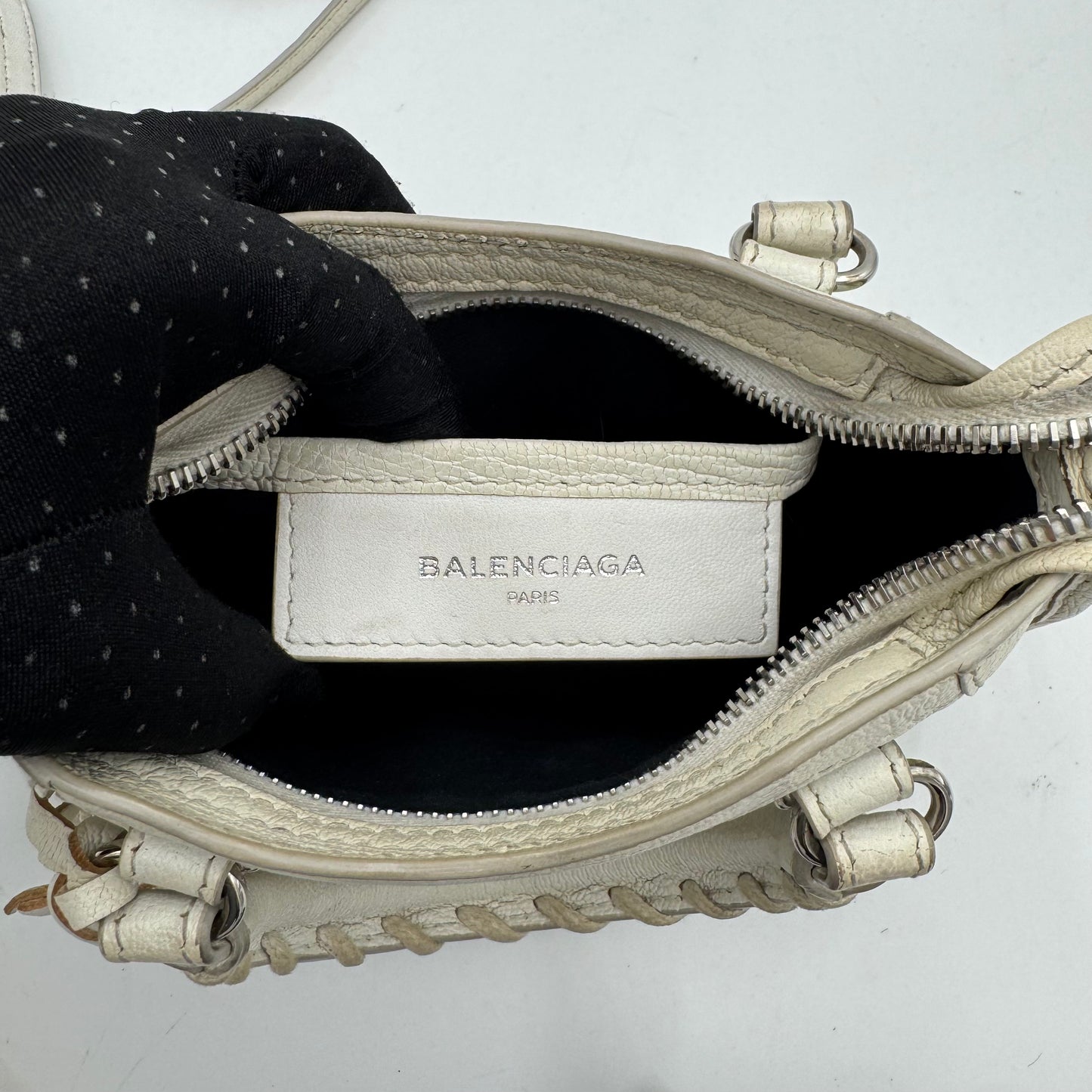 Balenciaga White Leather Metallic Edge Nano City