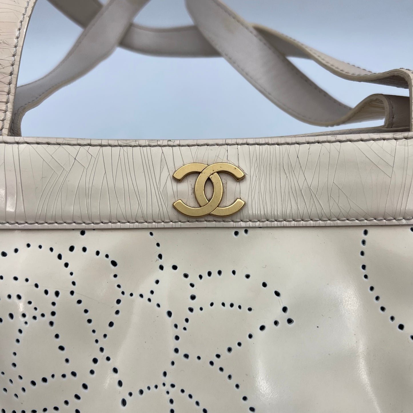 Chanel Vintage Camellia Perforated Patent Tote