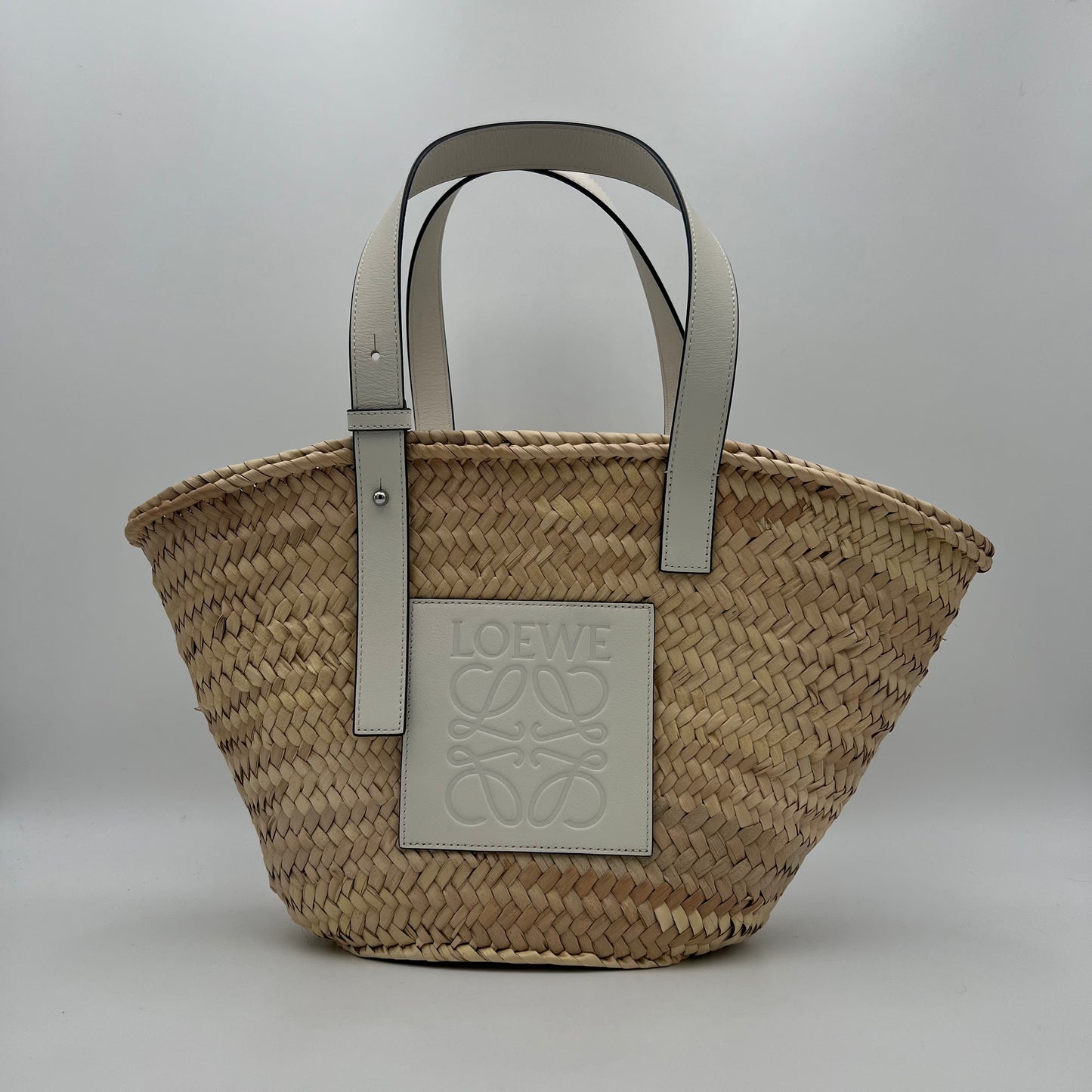 Loewe White Leather Raffia Basket Bag