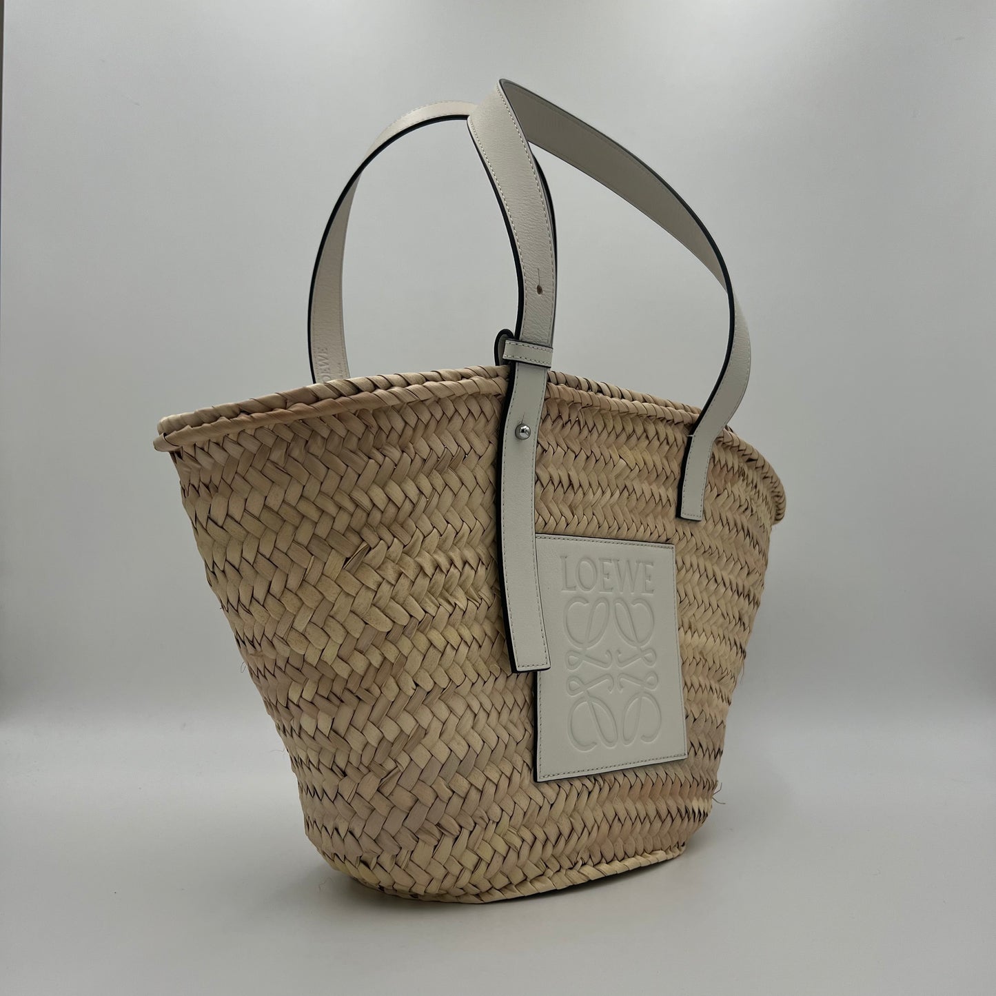 Loewe White Leather Raffia Basket Bag