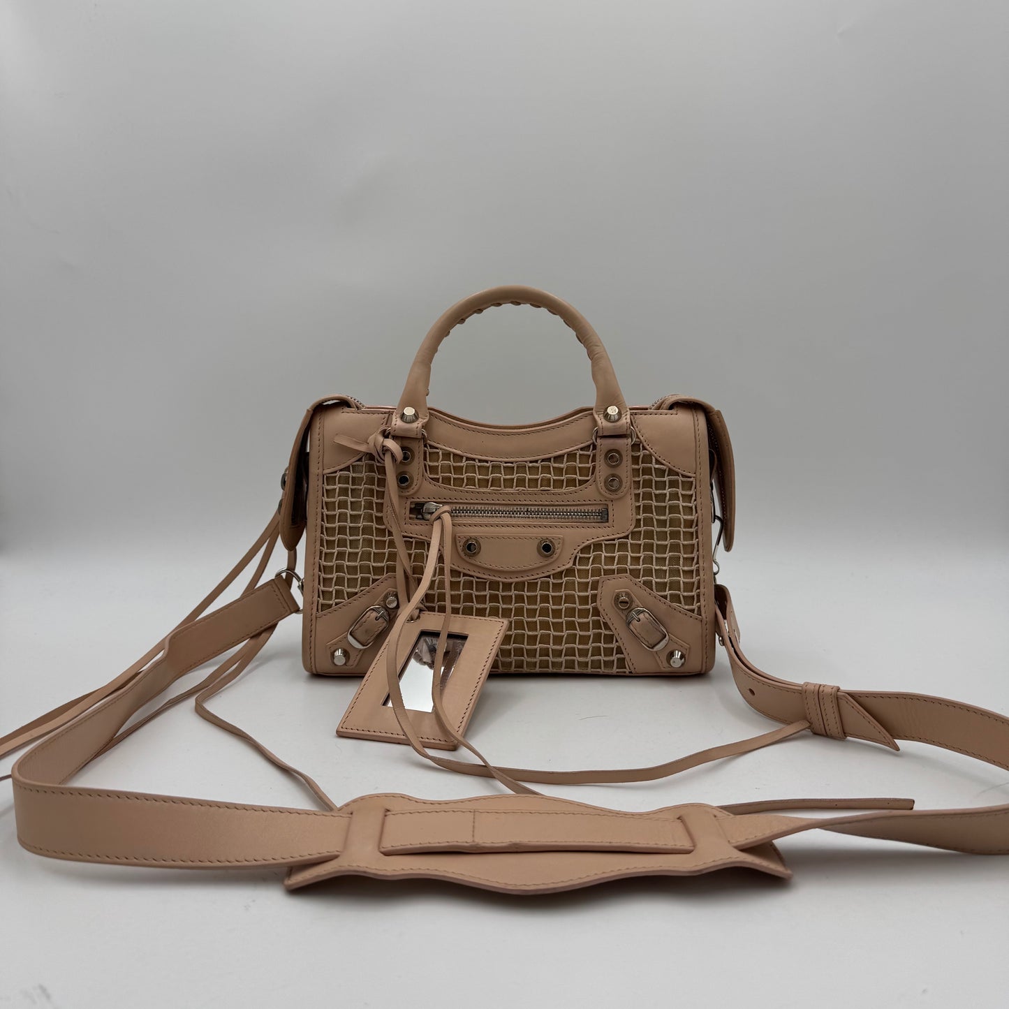 Balenciaga Nude Pink Leather Perforated Mesh Mini City SHW