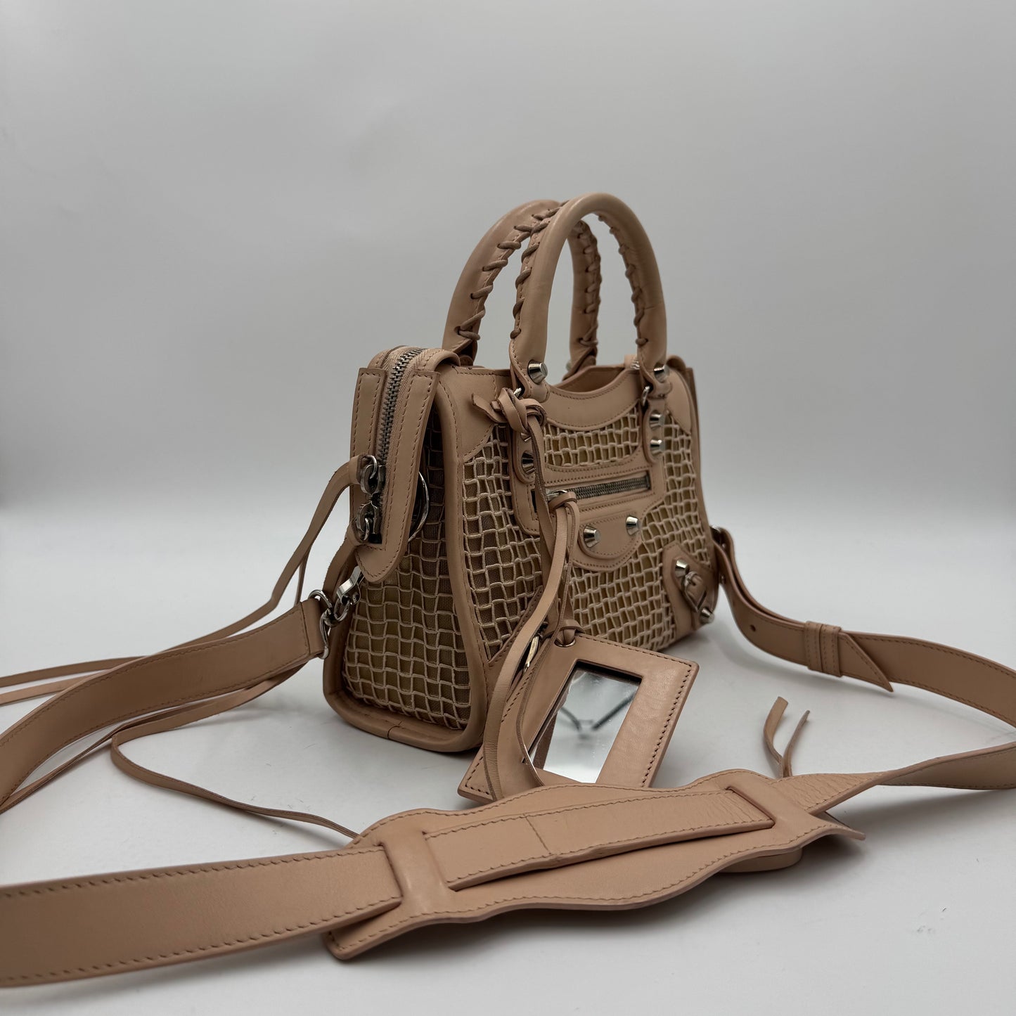Balenciaga Nude Pink Leather Perforated Mesh Mini City SHW