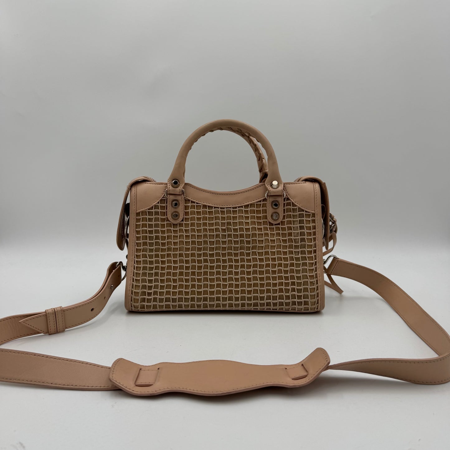 Balenciaga Nude Pink Leather Perforated Mesh Mini City SHW