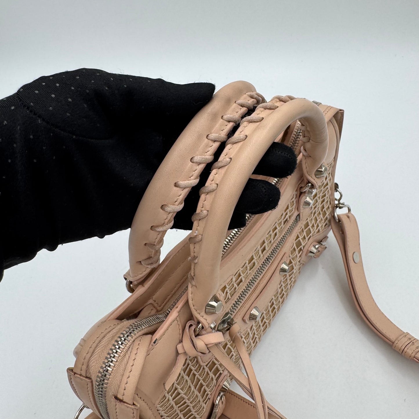 Balenciaga Nude Pink Leather Perforated Mesh Mini City SHW