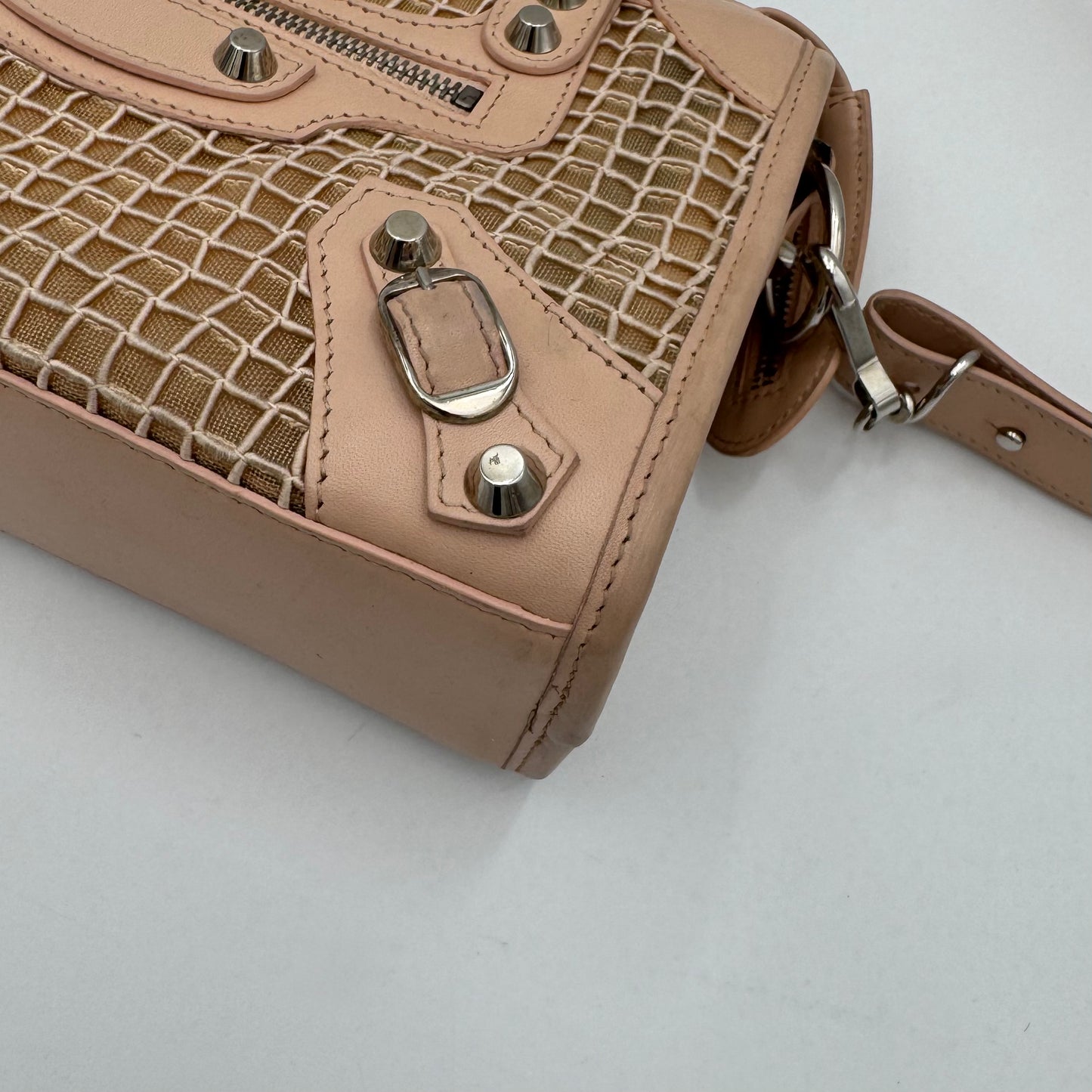 Balenciaga Nude Pink Leather Perforated Mesh Mini City SHW