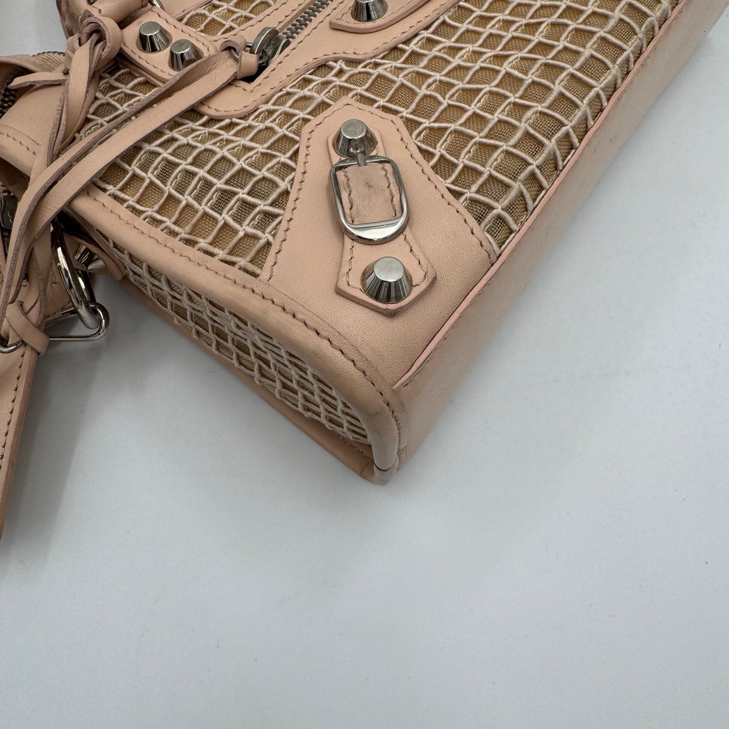 Balenciaga Nude Pink Leather Perforated Mesh Mini City SHW