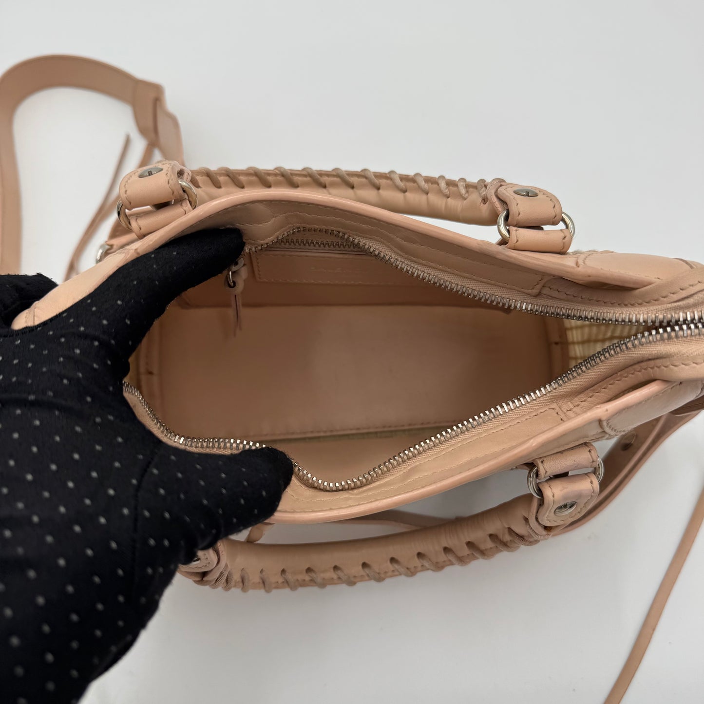 Balenciaga Nude Pink Leather Perforated Mesh Mini City SHW