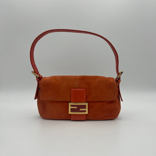 Fendi Orange Suede Glittery Buckle Baguette