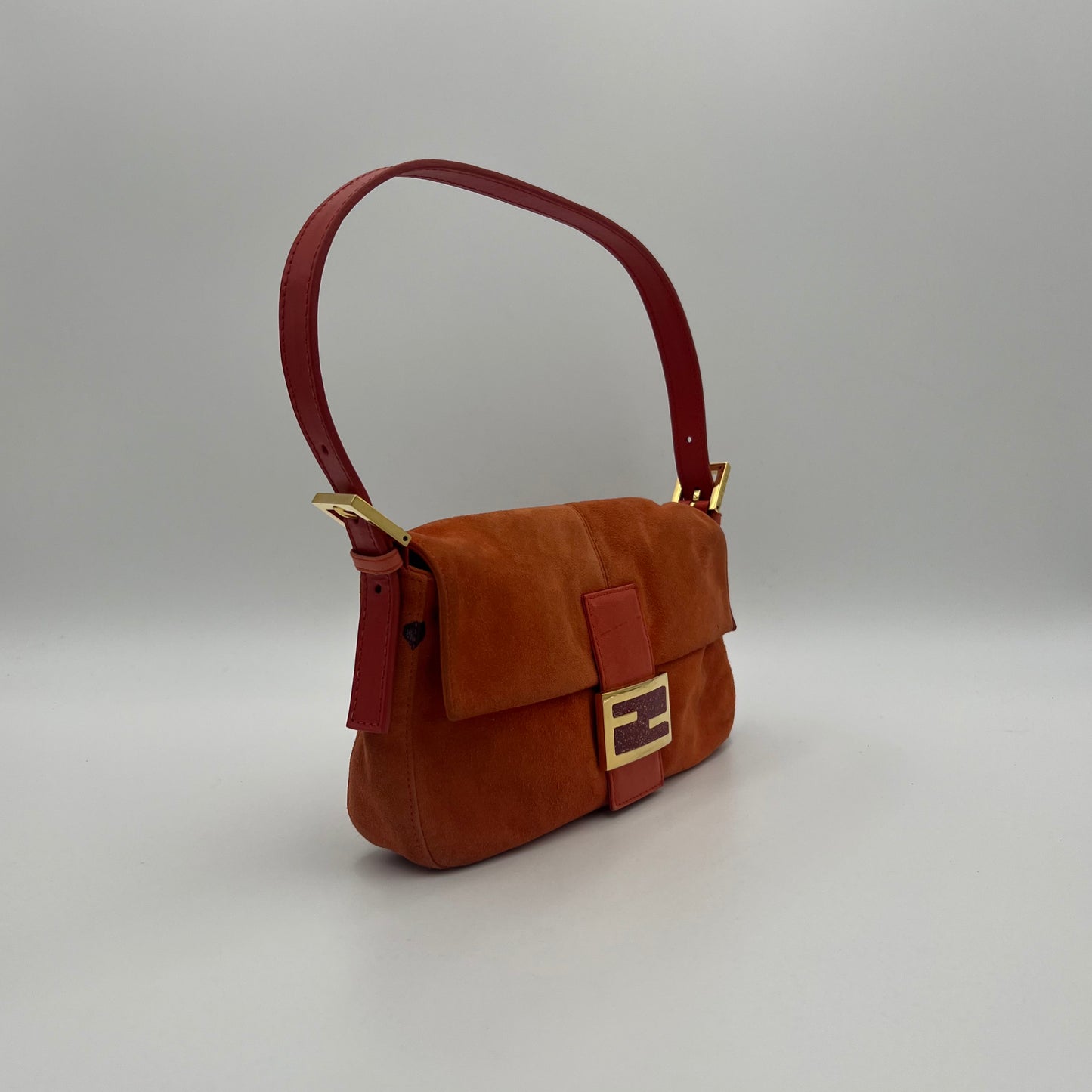 Fendi Orange Suede Glittery Buckle Baguette