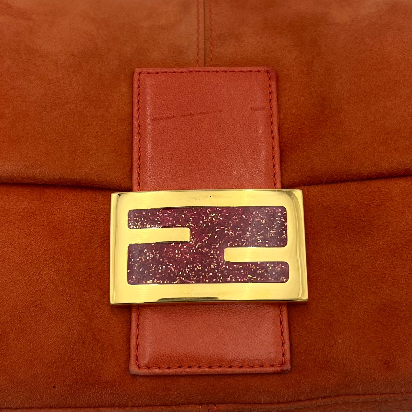 Fendi Orange Suede Glittery Buckle Baguette