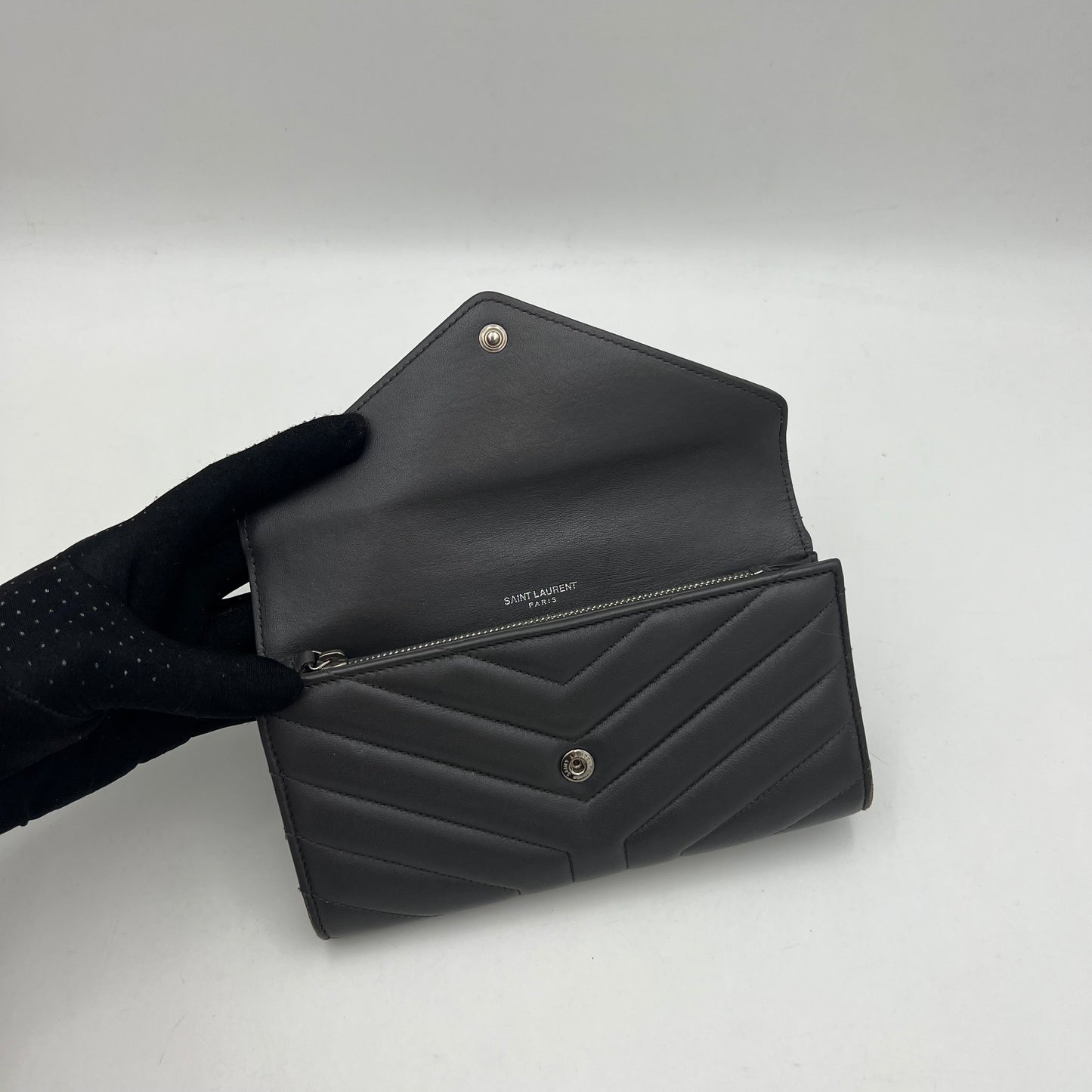 YSL Gray Lambskin Flap Long Wallet