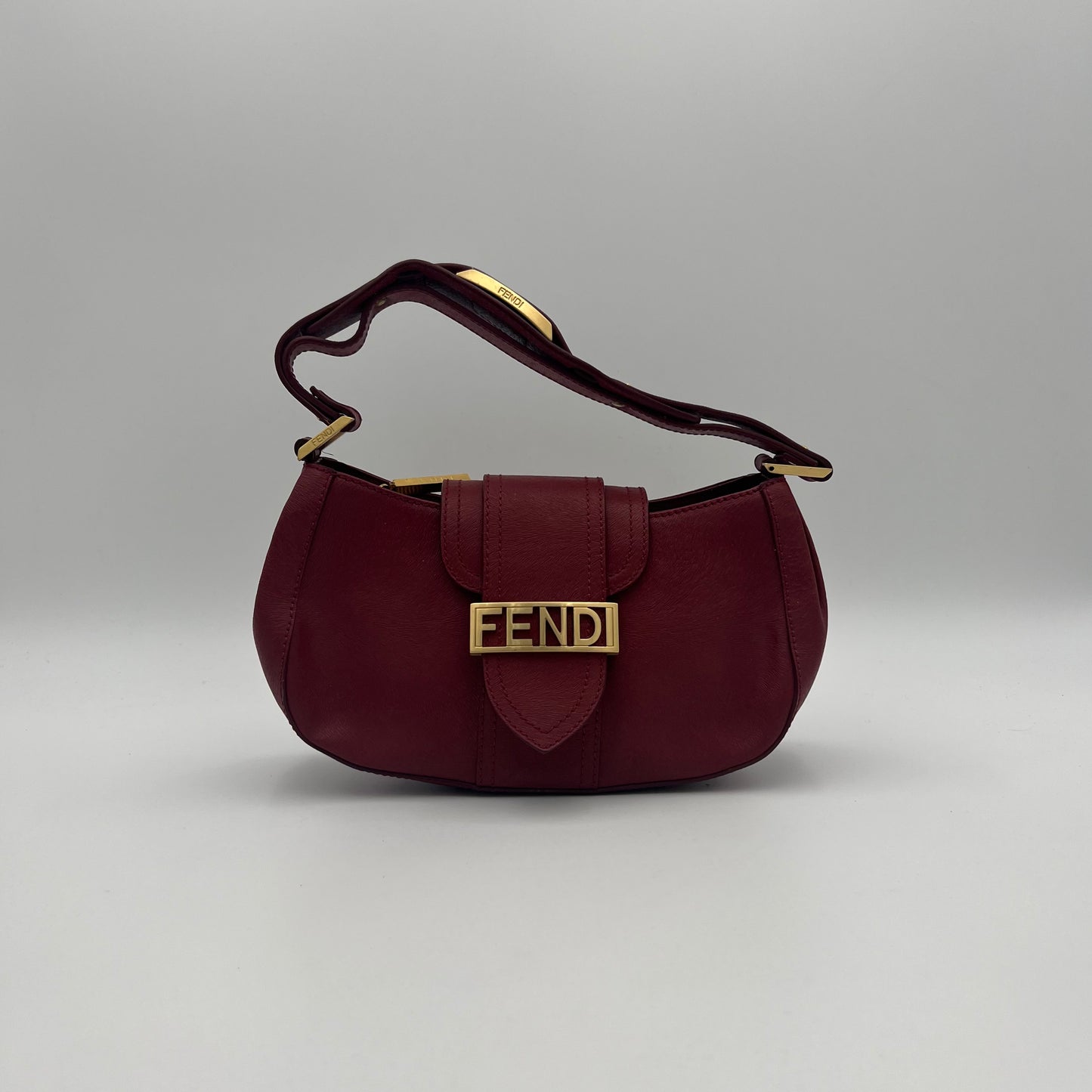 Fendi Red Leather Logo Plate Shoulder Bag