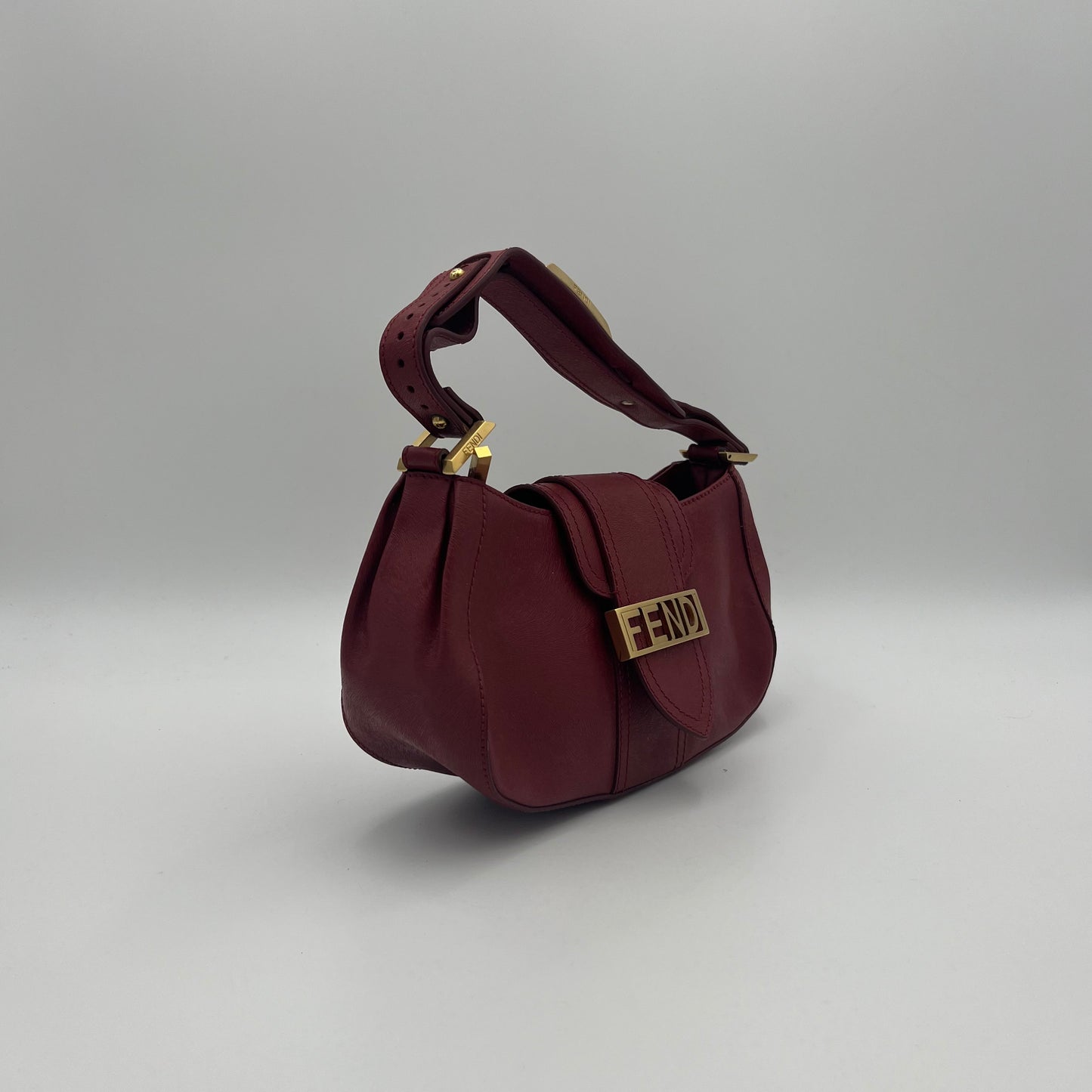 Fendi Red Leather Logo Plate Shoulder Bag