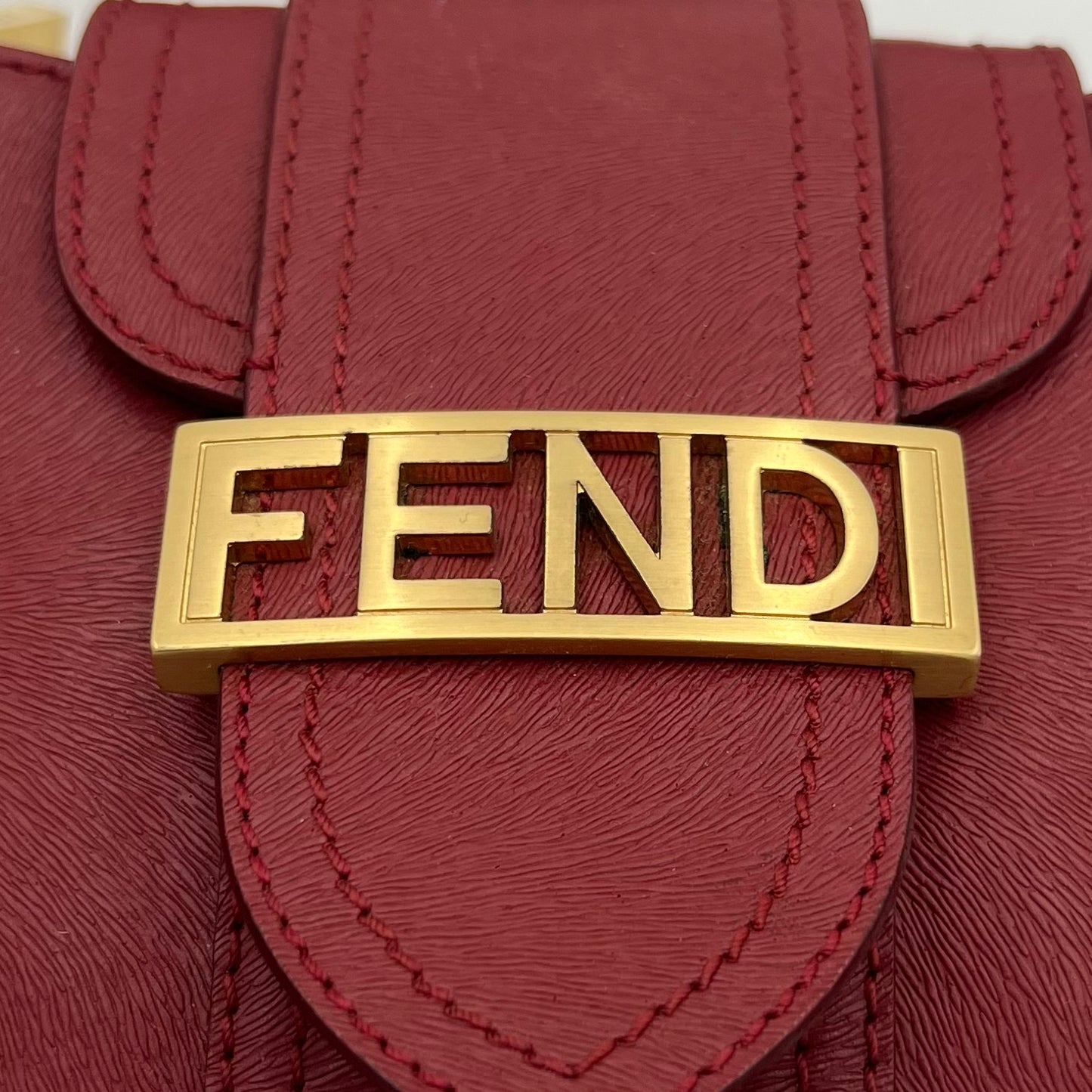 Fendi Red Leather Logo Plate Shoulder Bag