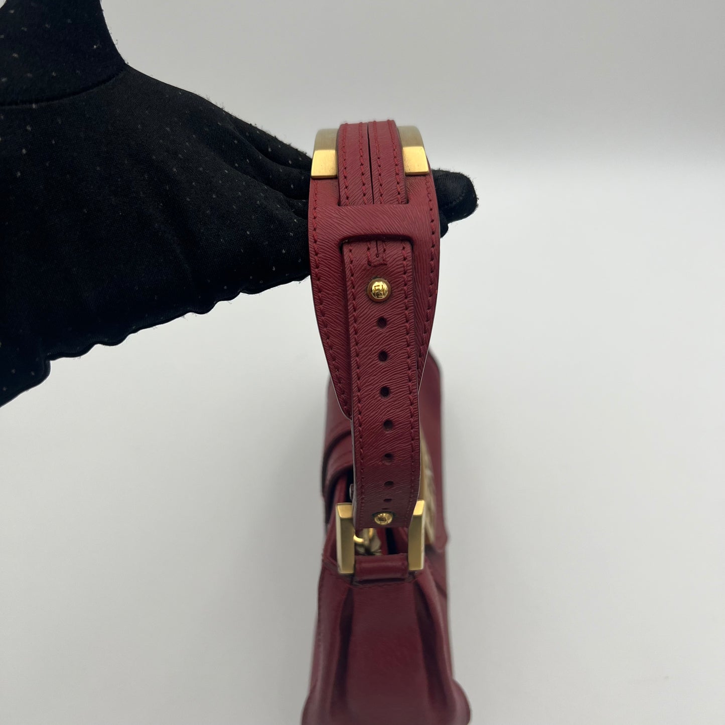 Fendi Red Leather Logo Plate Shoulder Bag