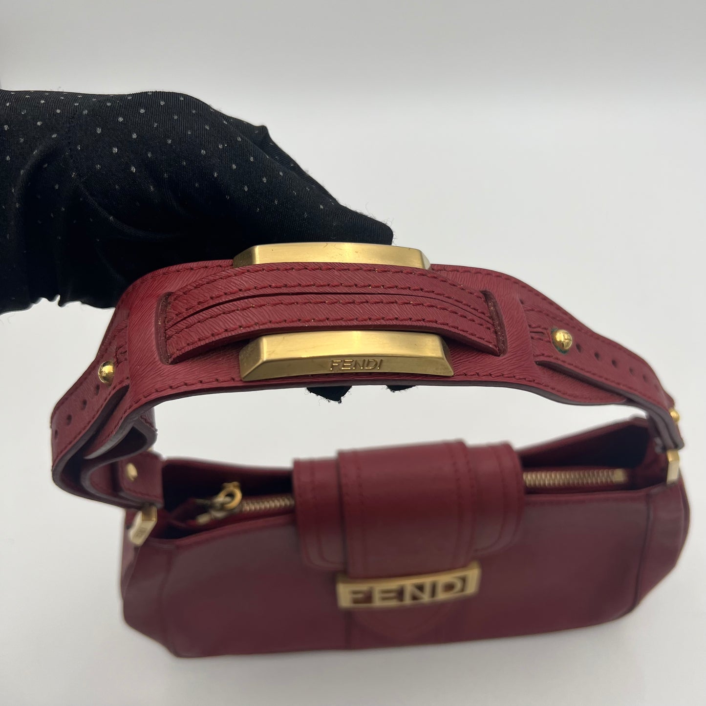Fendi Red Leather Logo Plate Shoulder Bag
