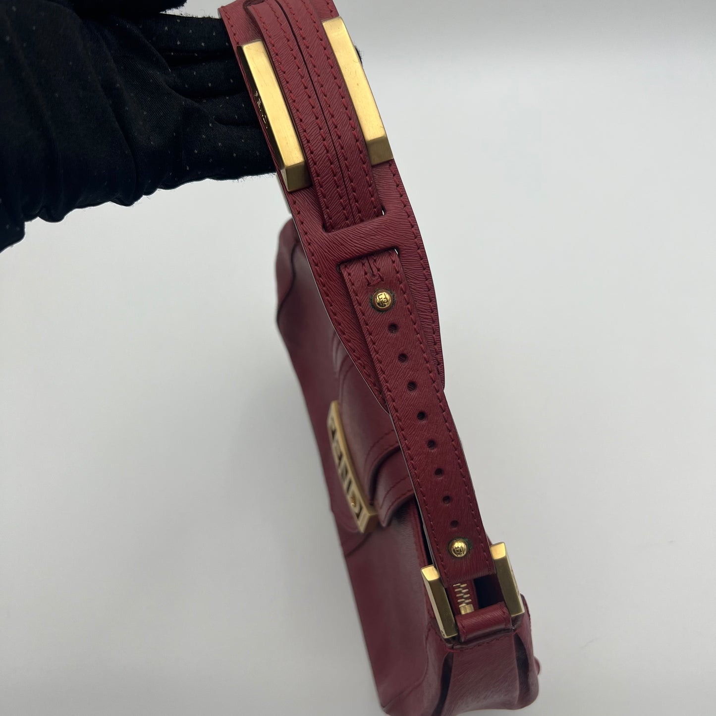 Fendi Red Leather Logo Plate Shoulder Bag