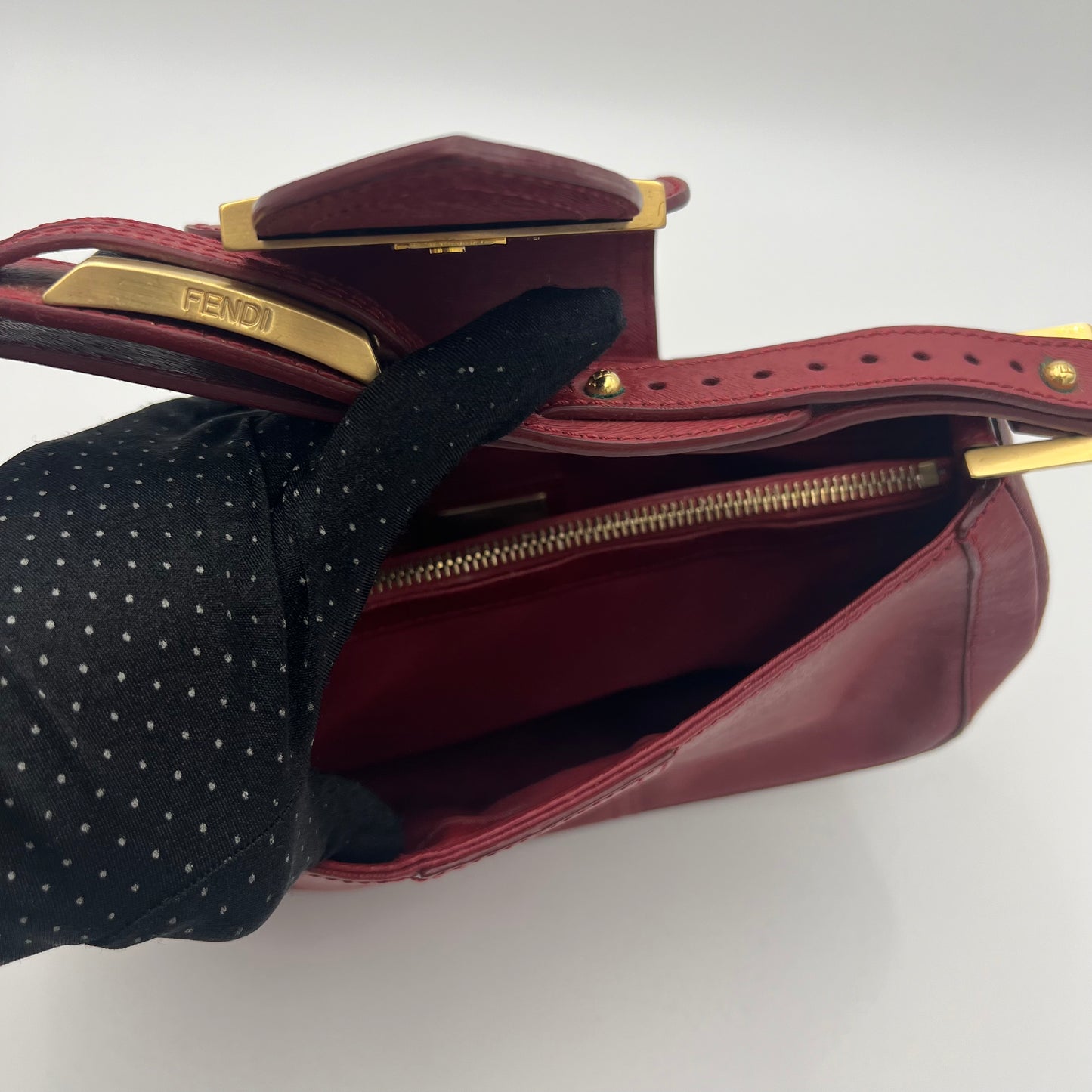 Fendi Red Leather Logo Plate Shoulder Bag
