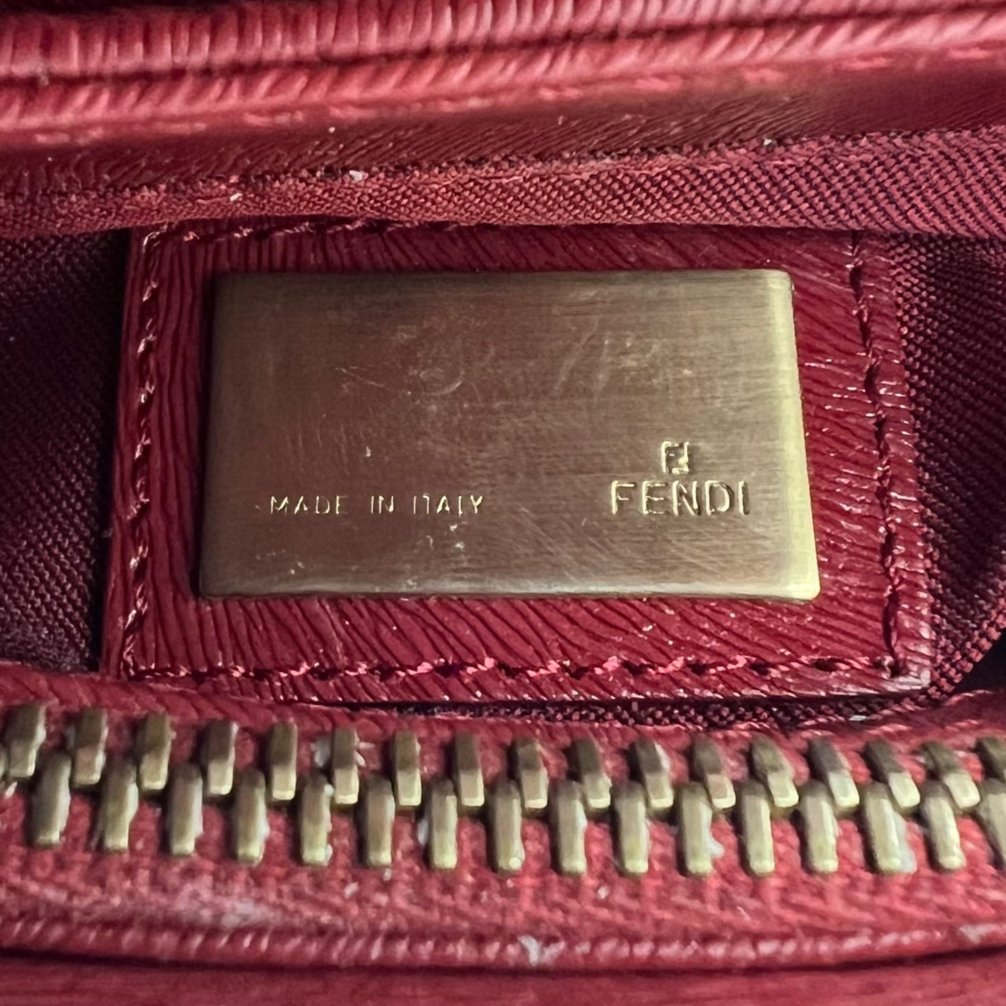Fendi Red Leather Logo Plate Shoulder Bag