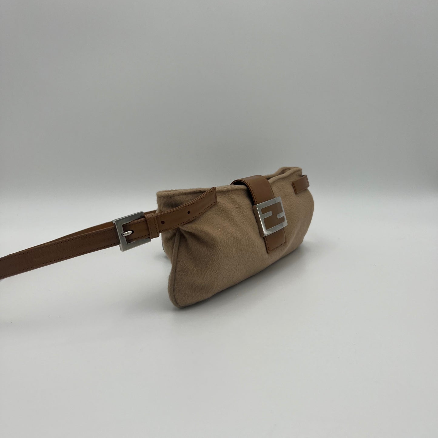 Fendi Brown Cloth and Leather Zip Shoulder Sling Baguette