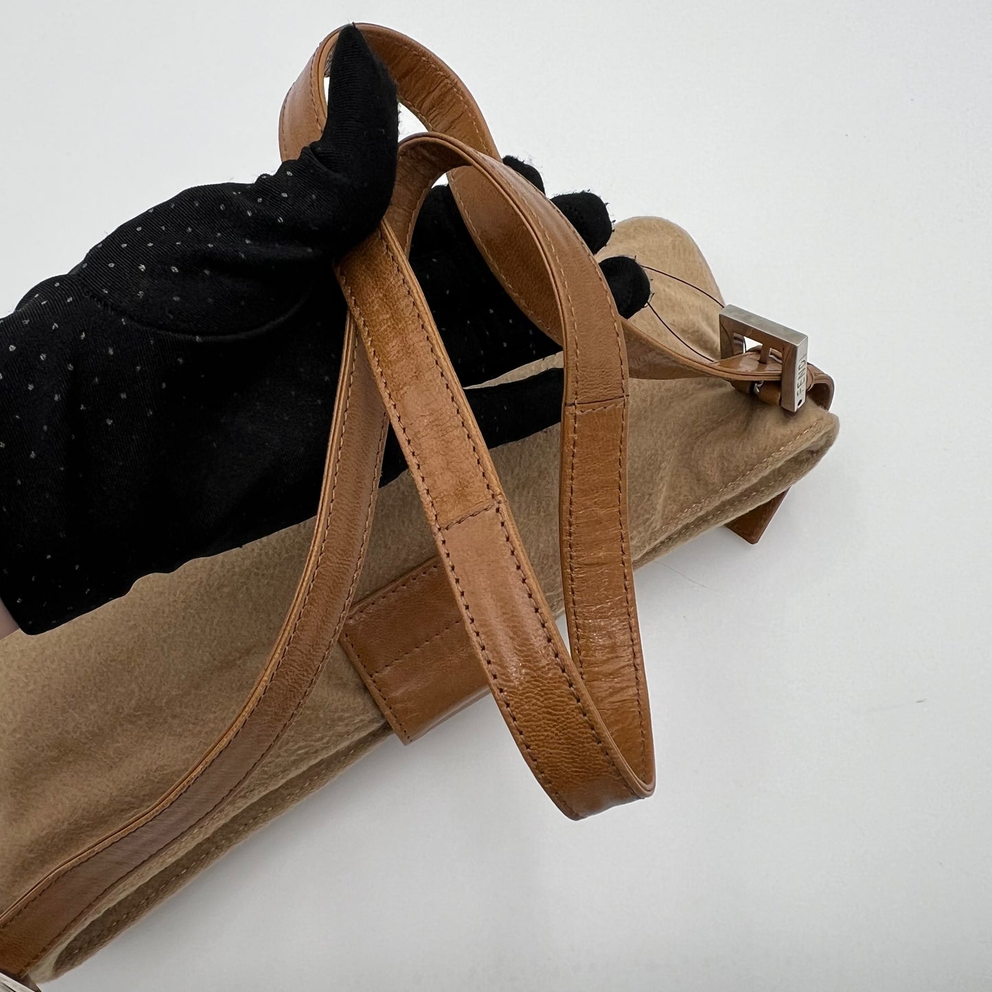 Fendi Brown Cloth and Leather Zip Shoulder Sling Baguette