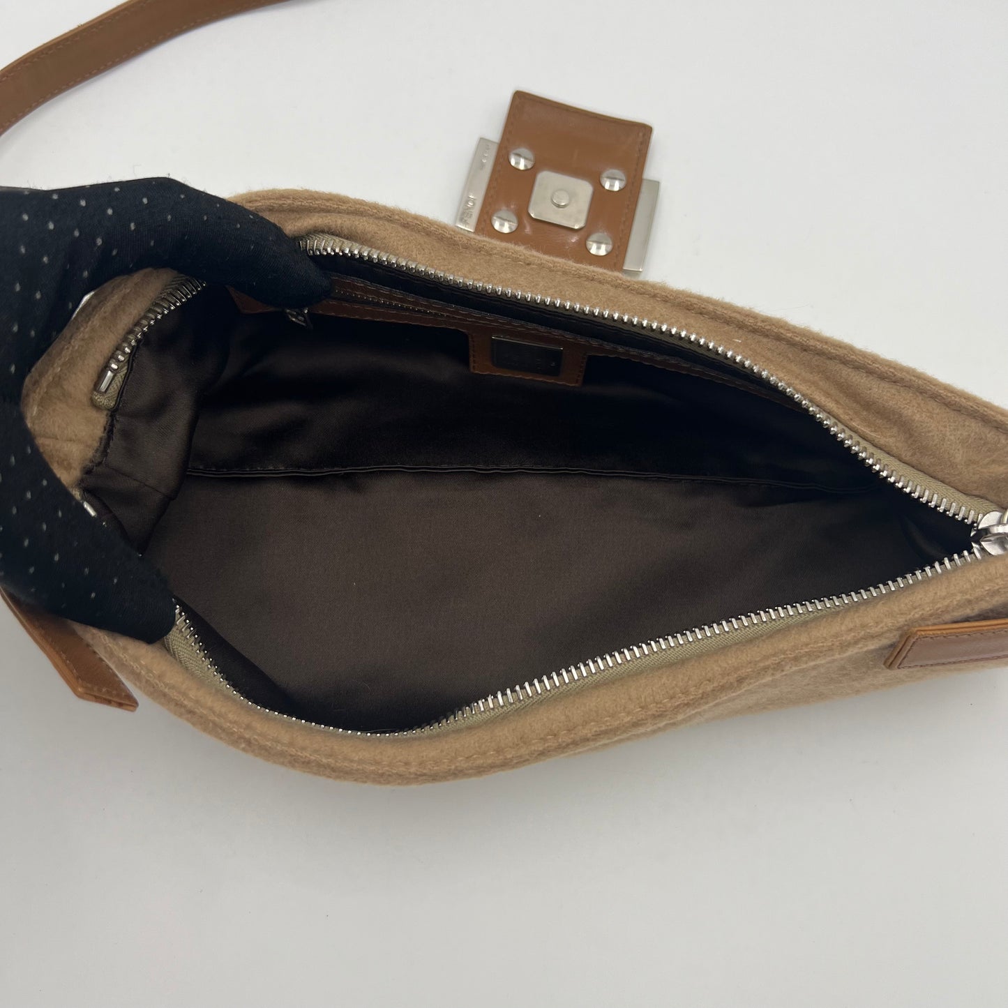 Fendi Brown Cloth and Leather Zip Shoulder Sling Baguette
