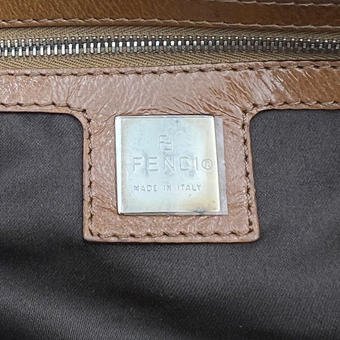 Fendi Brown Cloth and Leather Zip Shoulder Sling Baguette