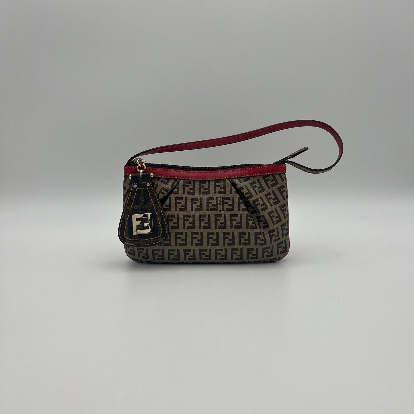 Fendi Brown Zucchino Coated Canvas Red Leather Trimmed Pochette