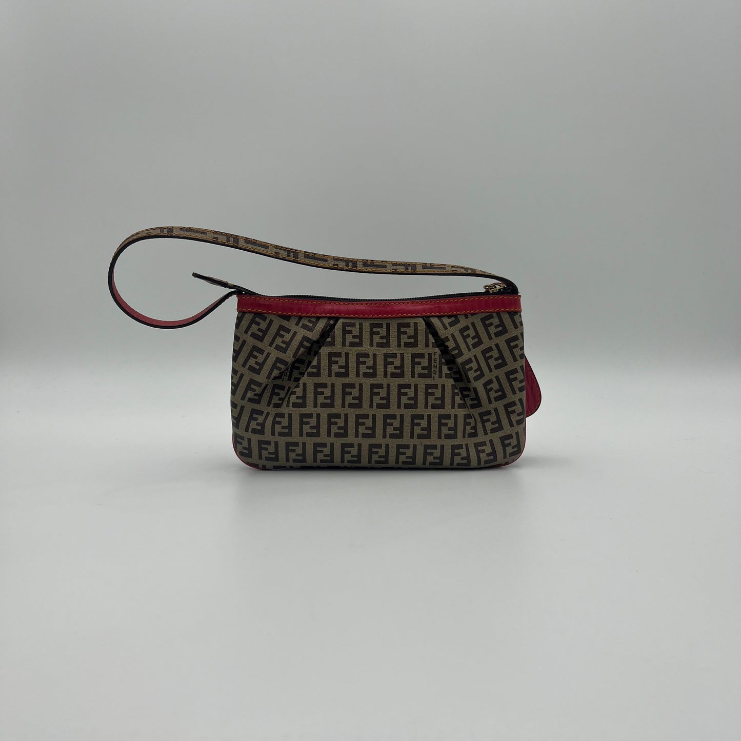Fendi Brown Zucchino Coated Canvas Red Leather Trimmed Pochette