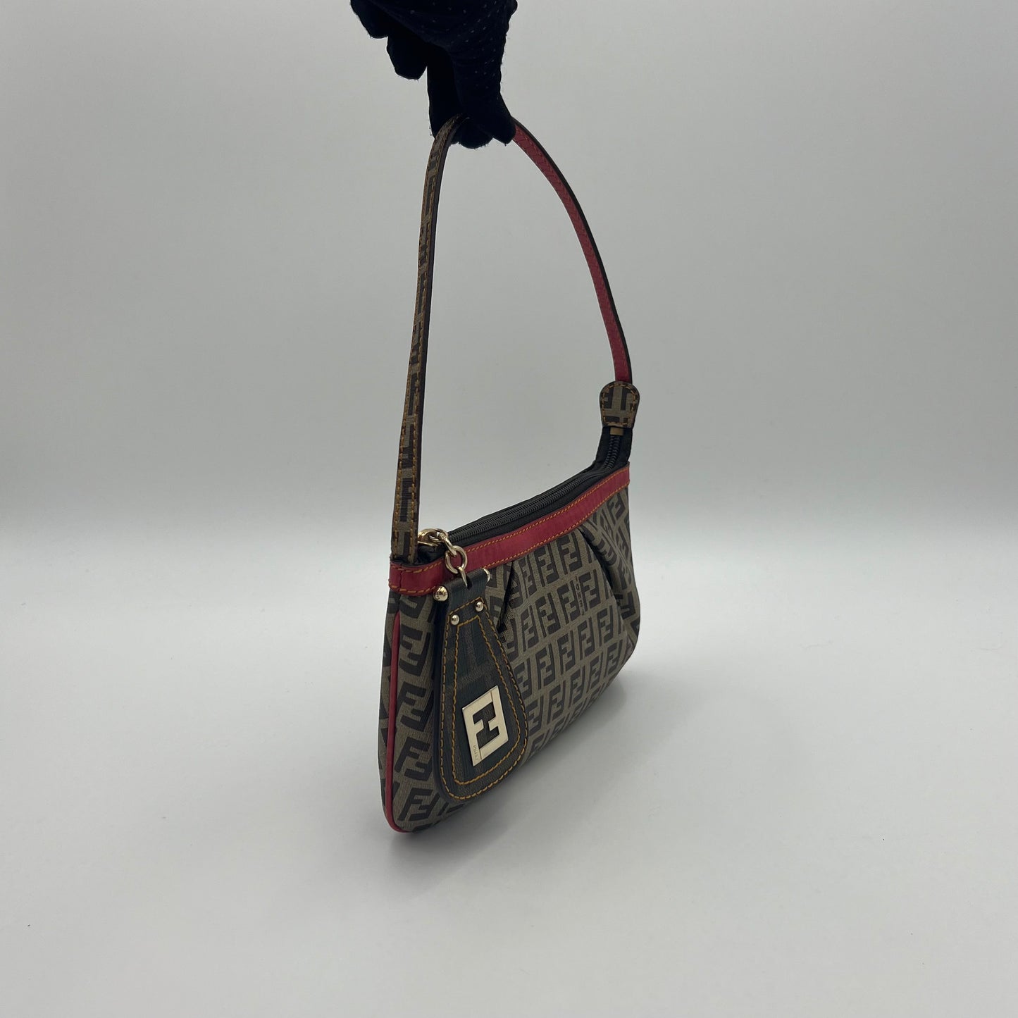 Fendi Brown Zucchino Coated Canvas Red Leather Trimmed Pochette
