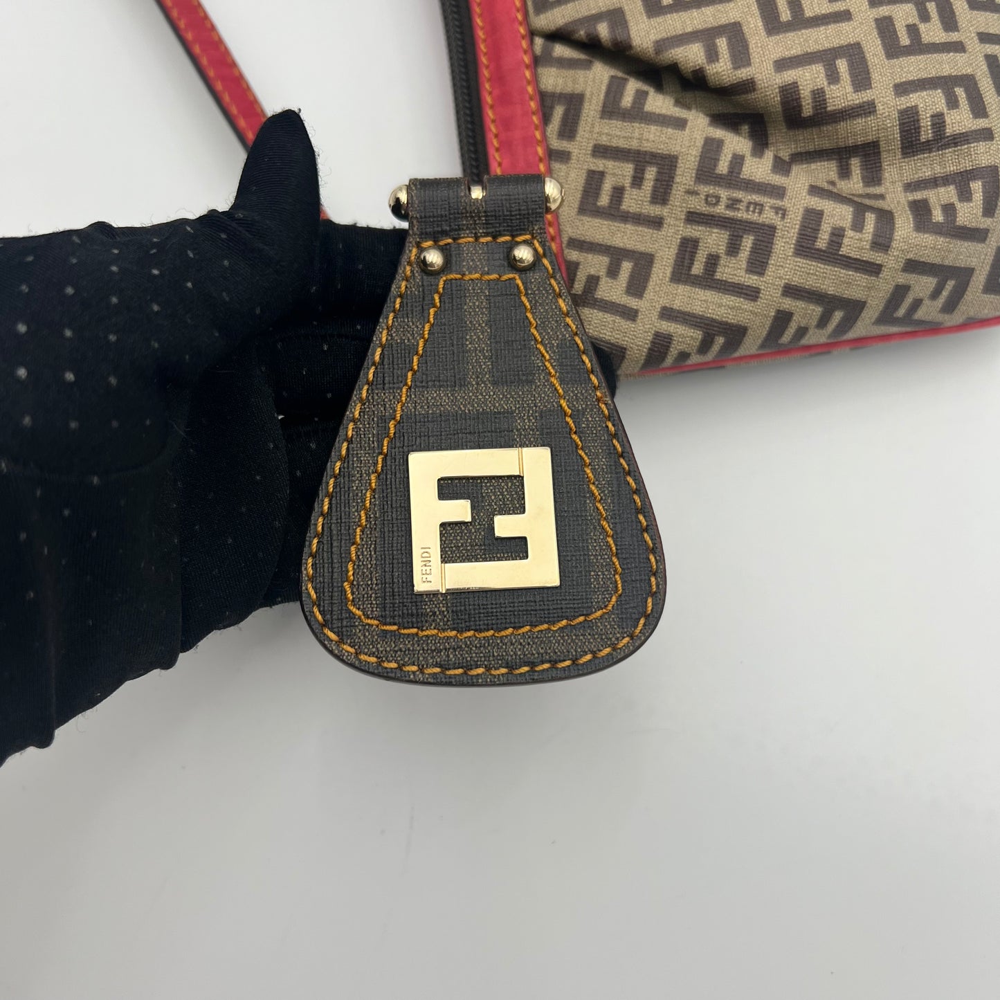 Fendi Brown Zucchino Coated Canvas Red Leather Trimmed Pochette