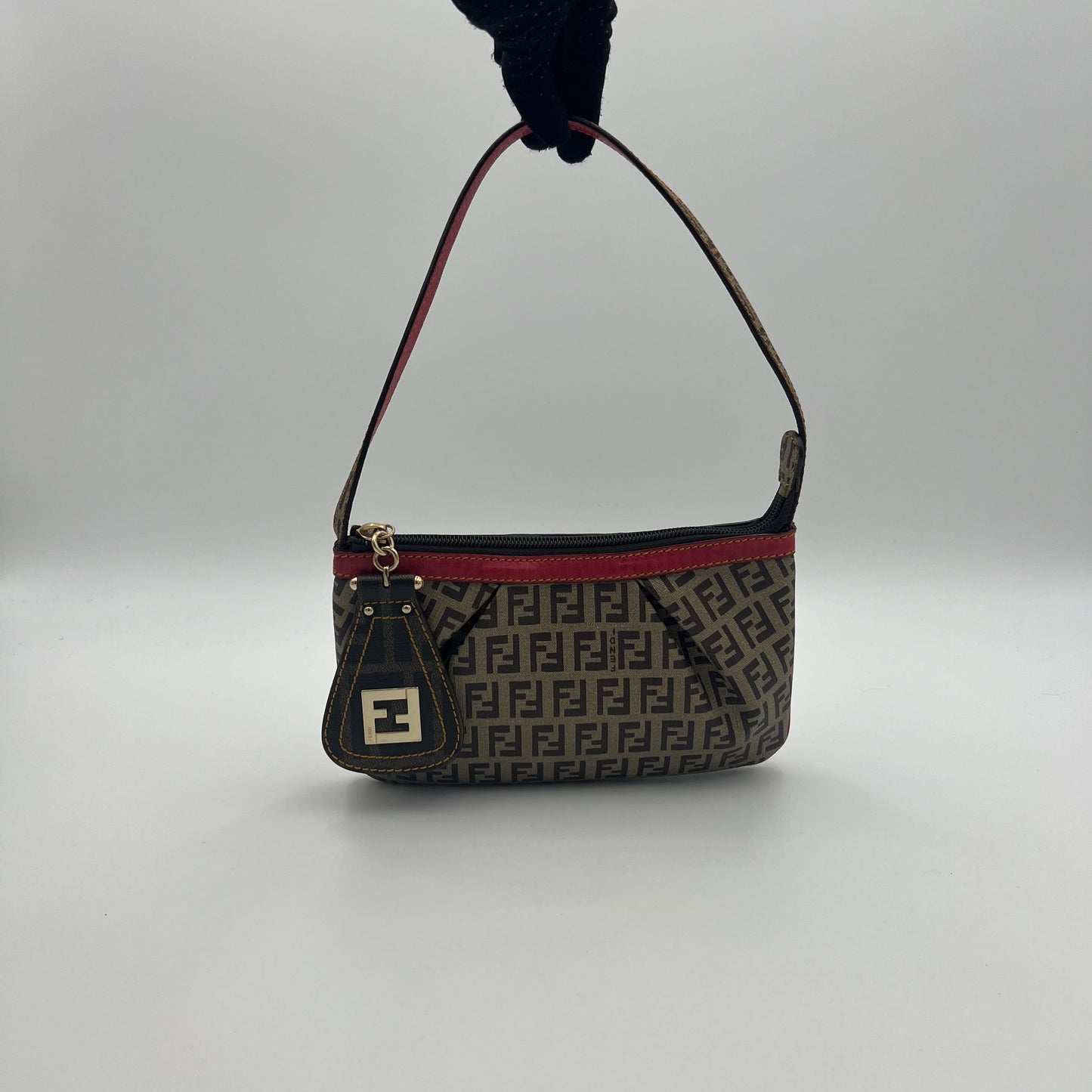Fendi Brown Zucchino Coated Canvas Red Leather Trimmed Pochette