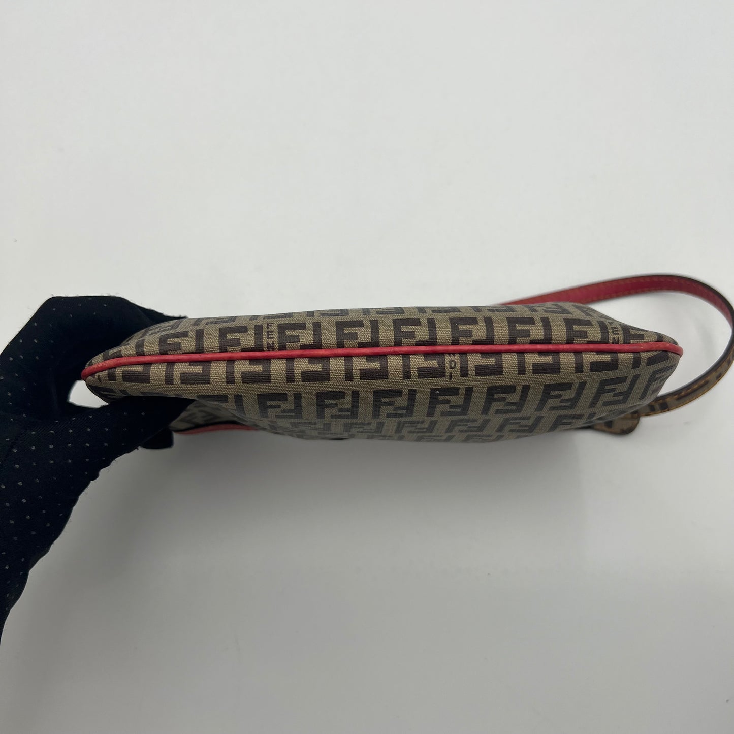 Fendi Brown Zucchino Coated Canvas Red Leather Trimmed Pochette