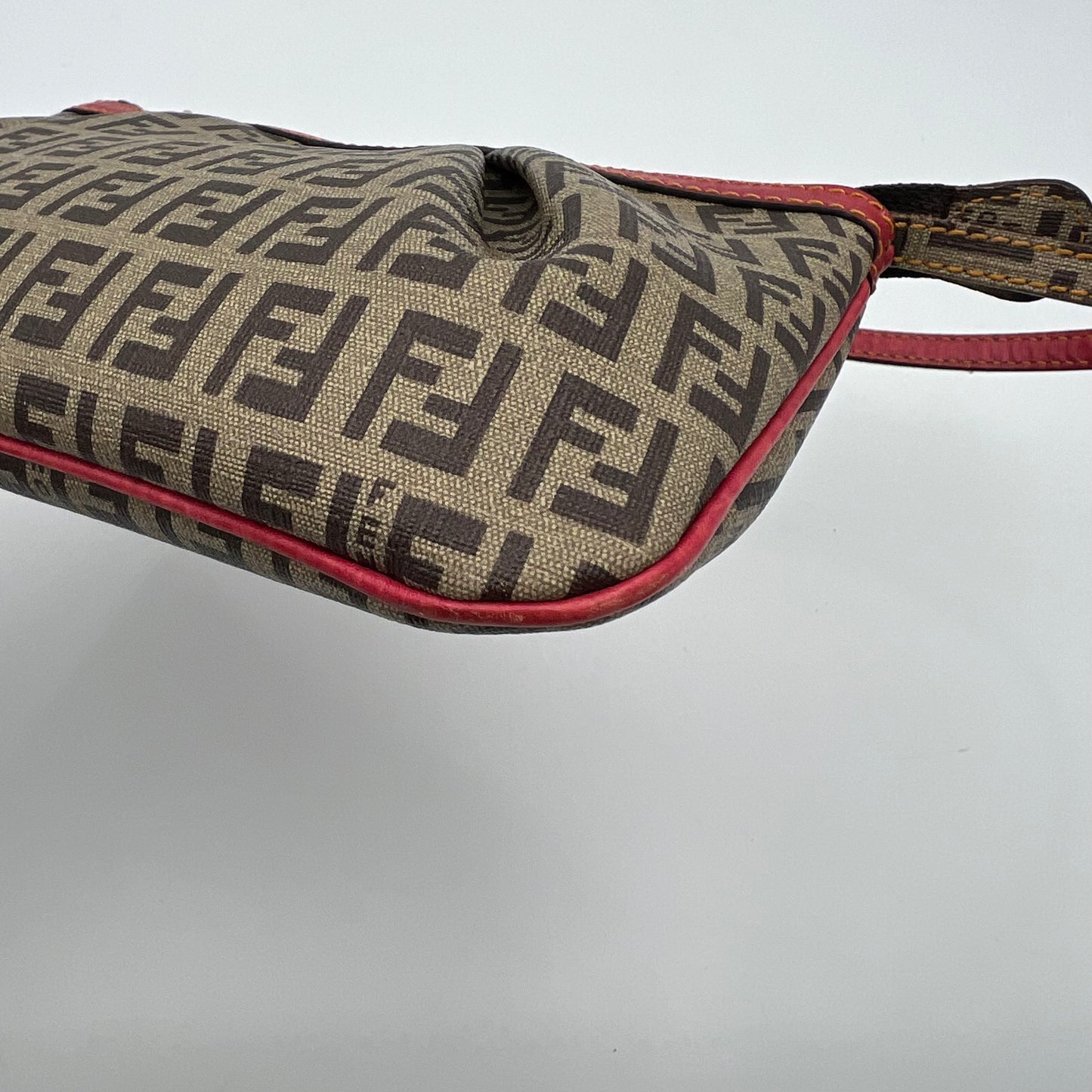 Fendi Brown Zucchino Coated Canvas Red Leather Trimmed Pochette