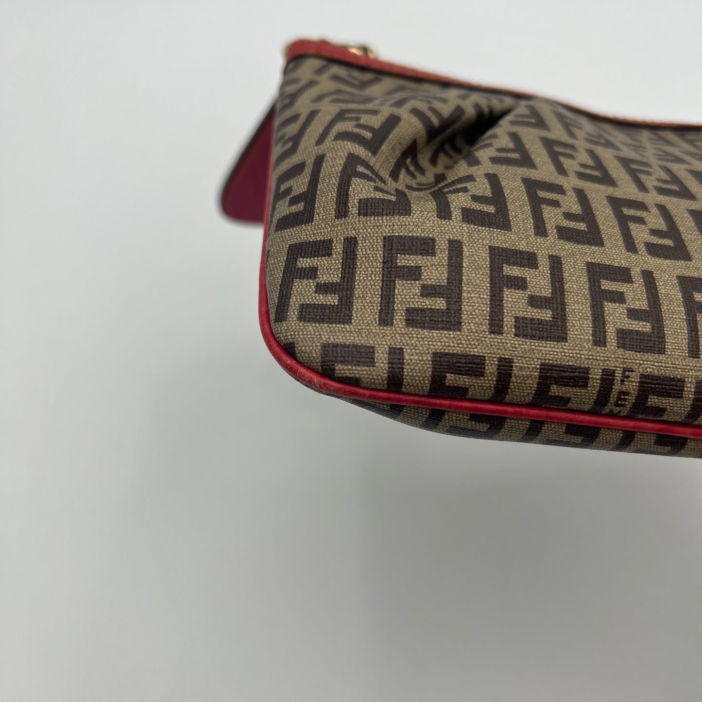 Fendi Brown Zucchino Coated Canvas Red Leather Trimmed Pochette