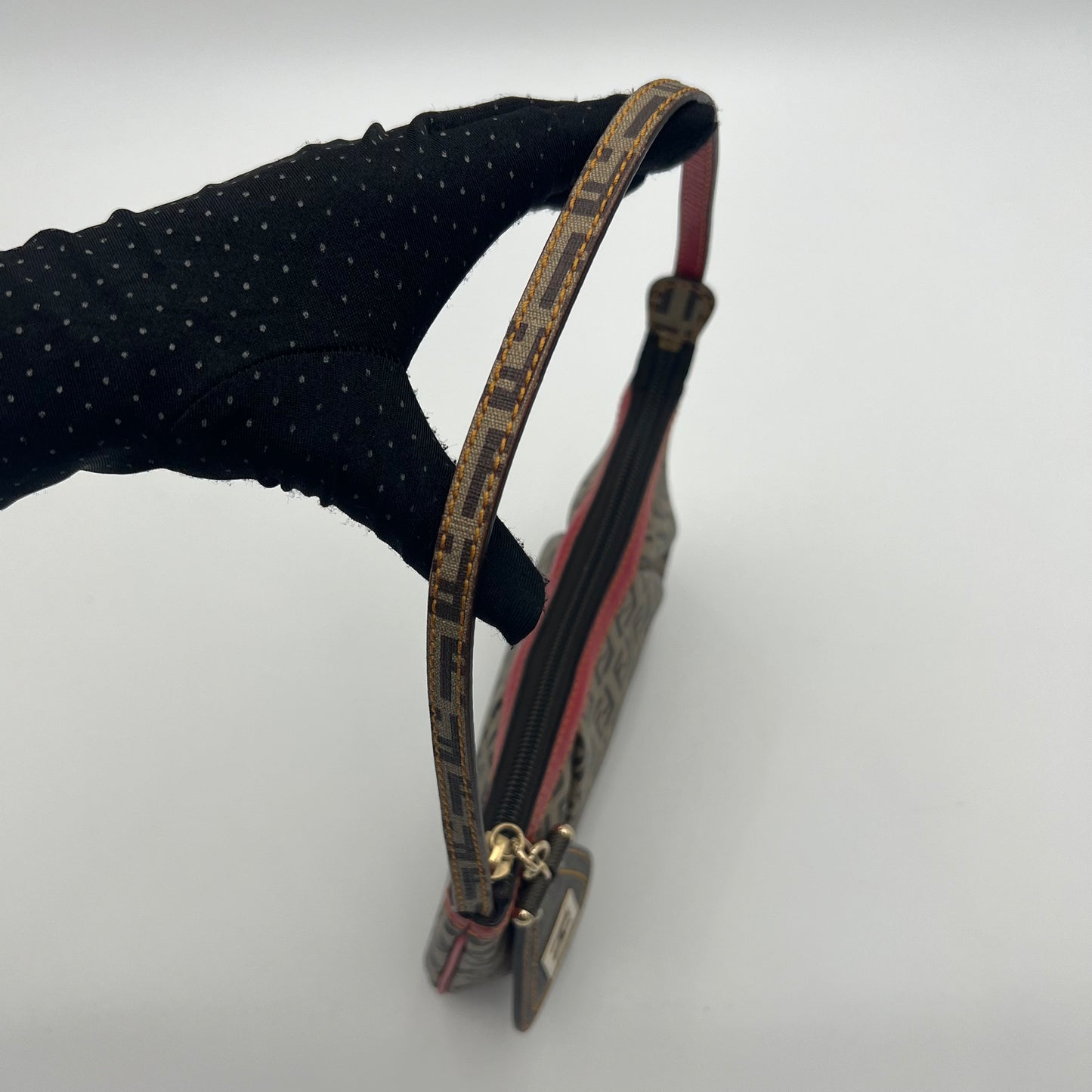 Fendi Brown Zucchino Coated Canvas Red Leather Trimmed Pochette