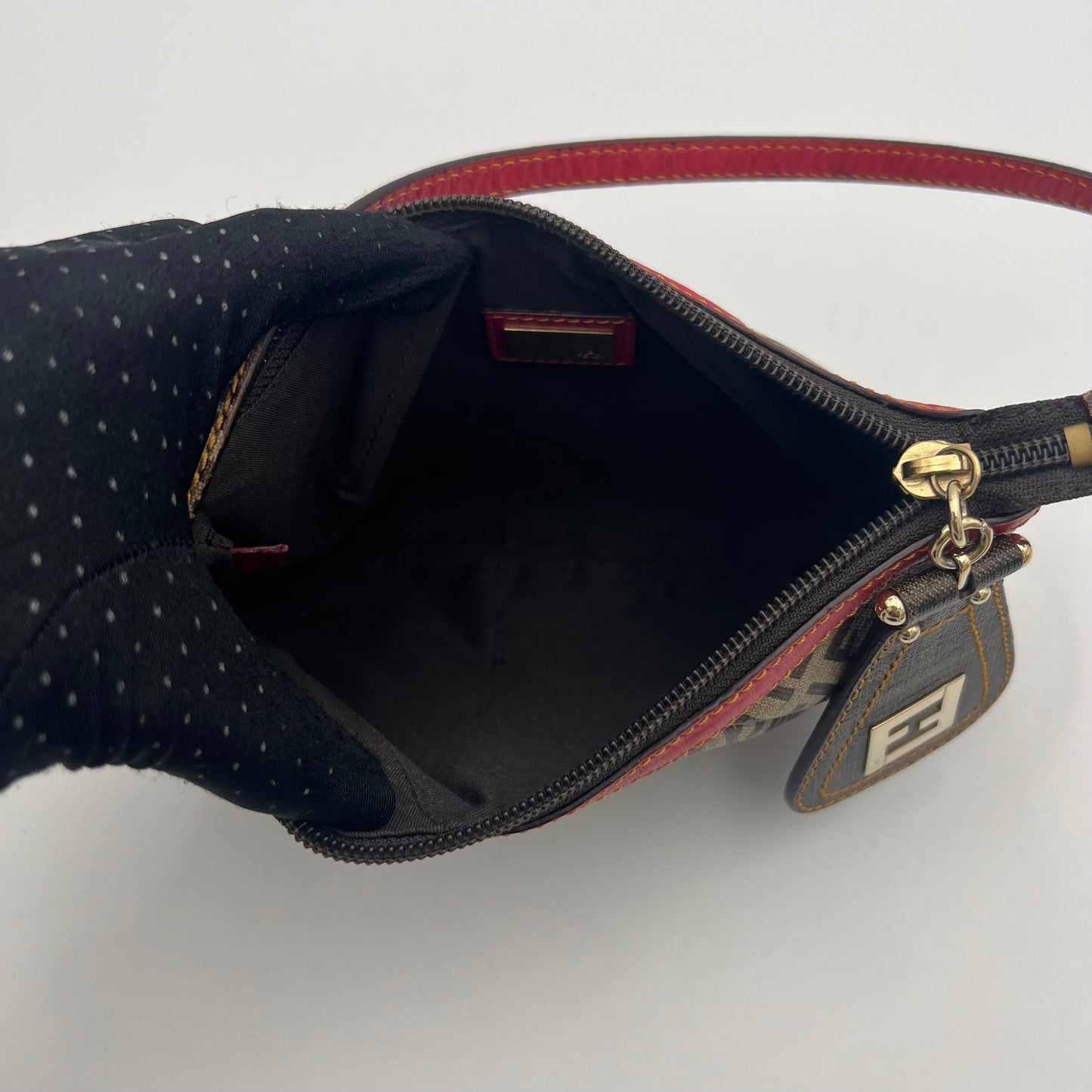 Fendi Brown Zucchino Coated Canvas Red Leather Trimmed Pochette