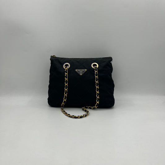 Prada Black Quilted Nylon Small Zip Chain Bag GHW