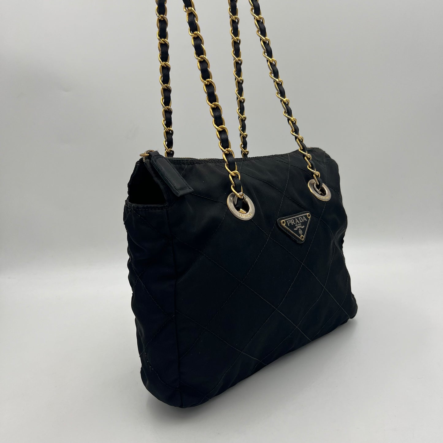 Prada Black Quilted Nylon Small Zip Chain Bag GHW