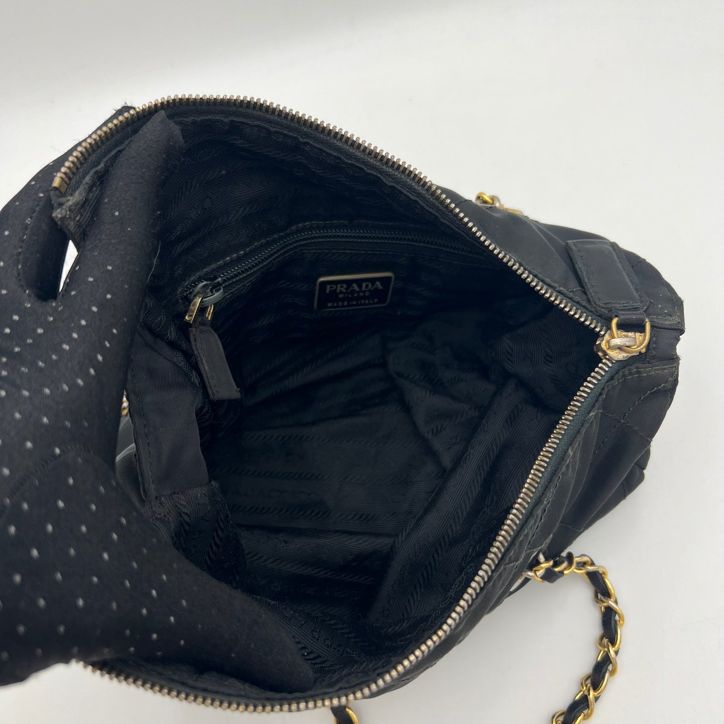 Prada Black Quilted Nylon Small Zip Chain Bag GHW