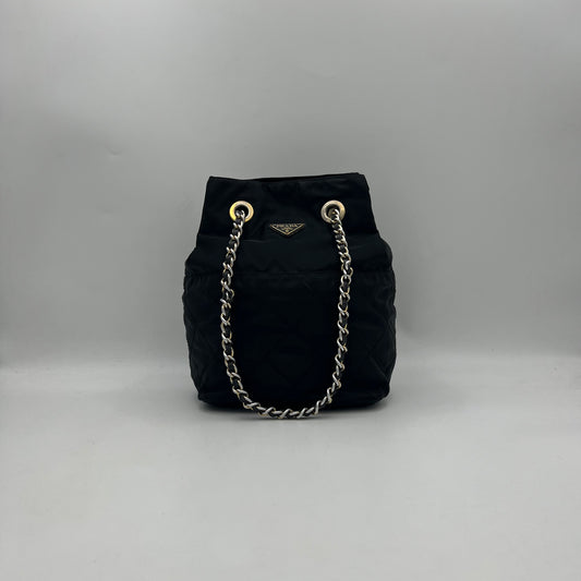 Prada Black Quilted Nylon Bucket Open Chain Bag GHW