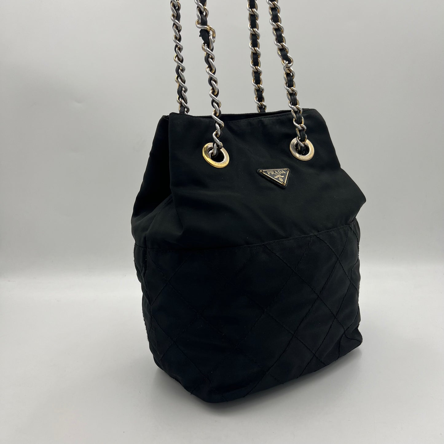 Prada Black Quilted Nylon Bucket Open Chain Bag GHW